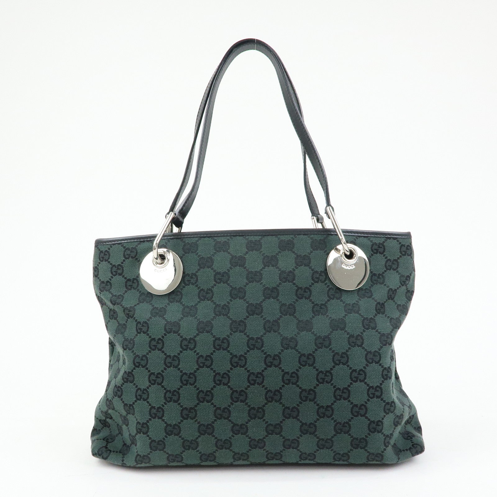 GUCCI GG Canvas Leather Tote Bag Hand Bag Green Black 285583