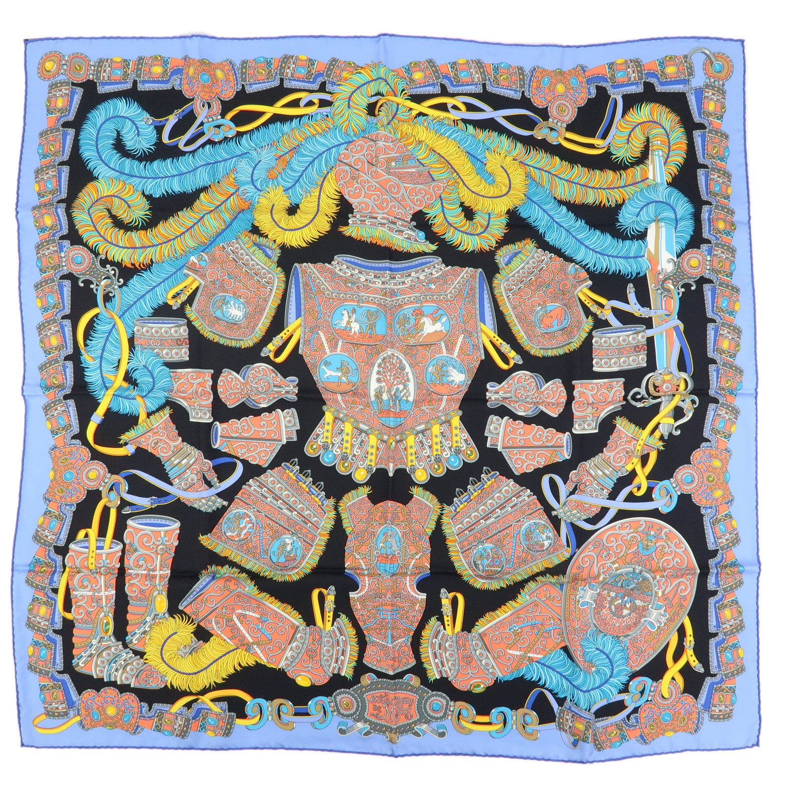 HERMES Carre 90 Silk 100% Scarf SOUS LE GIDE DE MARS Black Blue