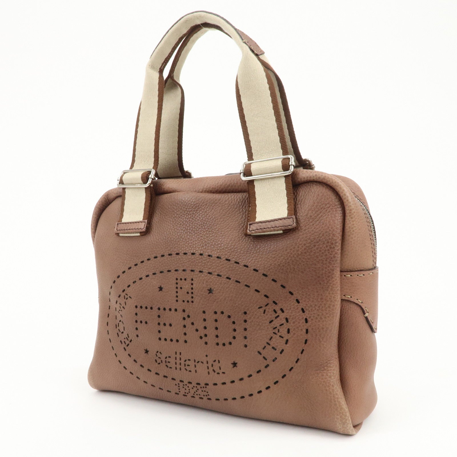 FENDI Selleria Leather Canvas Hand Bag Shoulder Bag Brown 8BL093
