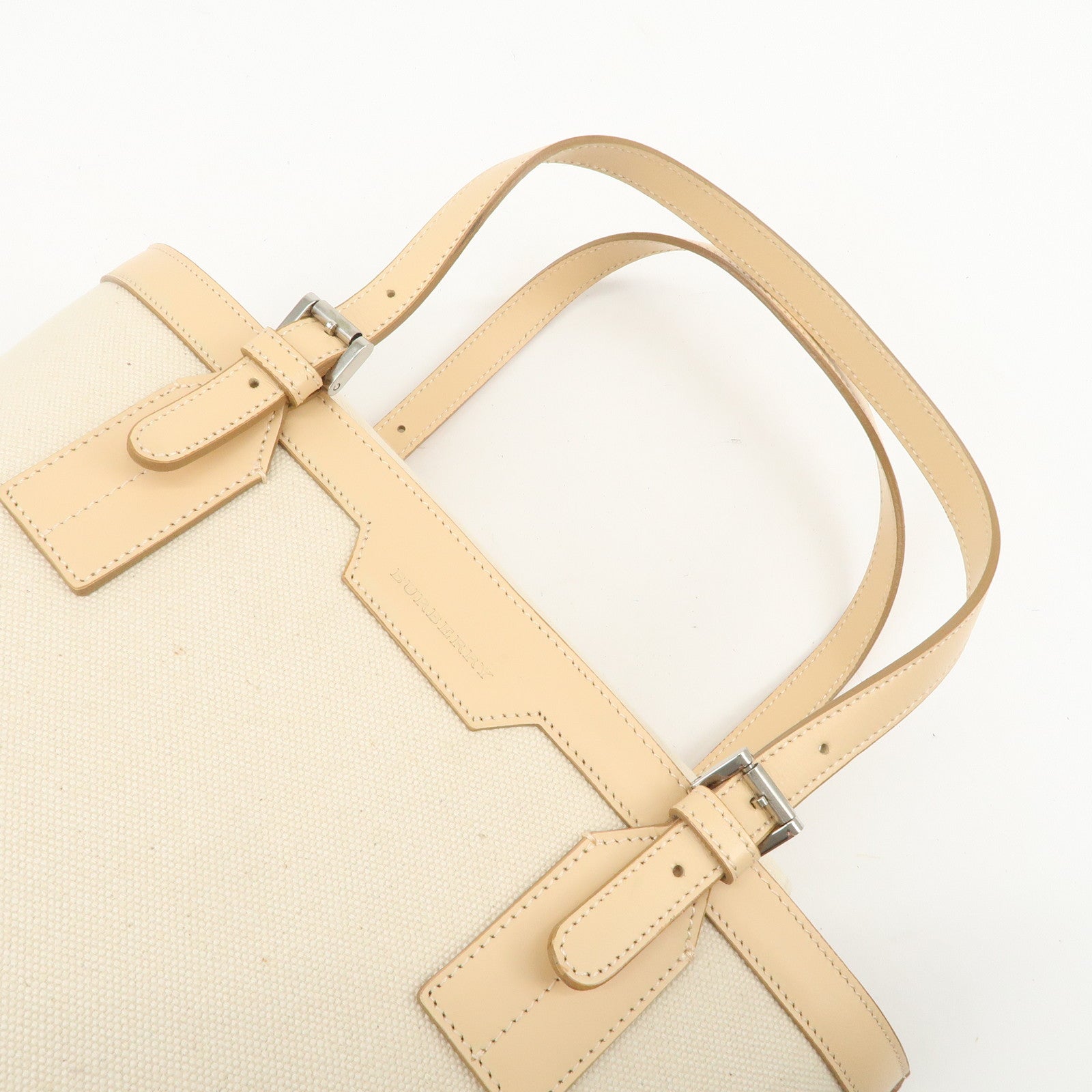 BURBERRY Cotton Leather Tote Bag Hand Bag Natural Beige