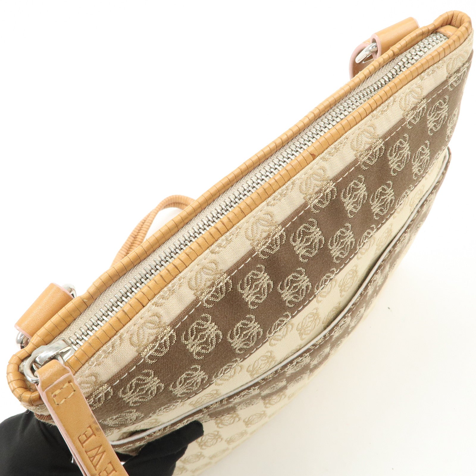 LOEWE Anagram Leather Canvas Shoulder bag Beige Silver HDW