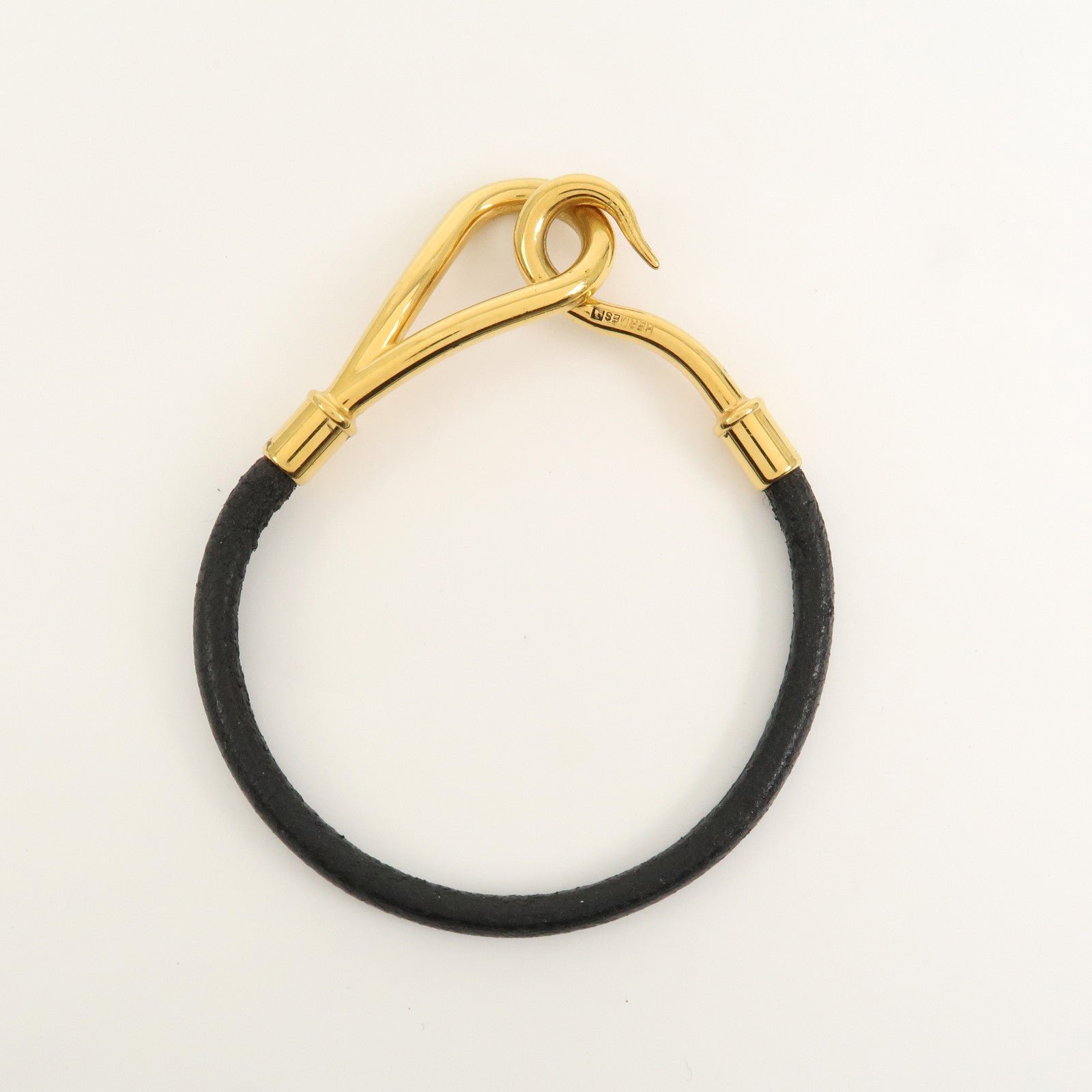 HERMES Leather Jumbo Bracelet Gold Hook Black