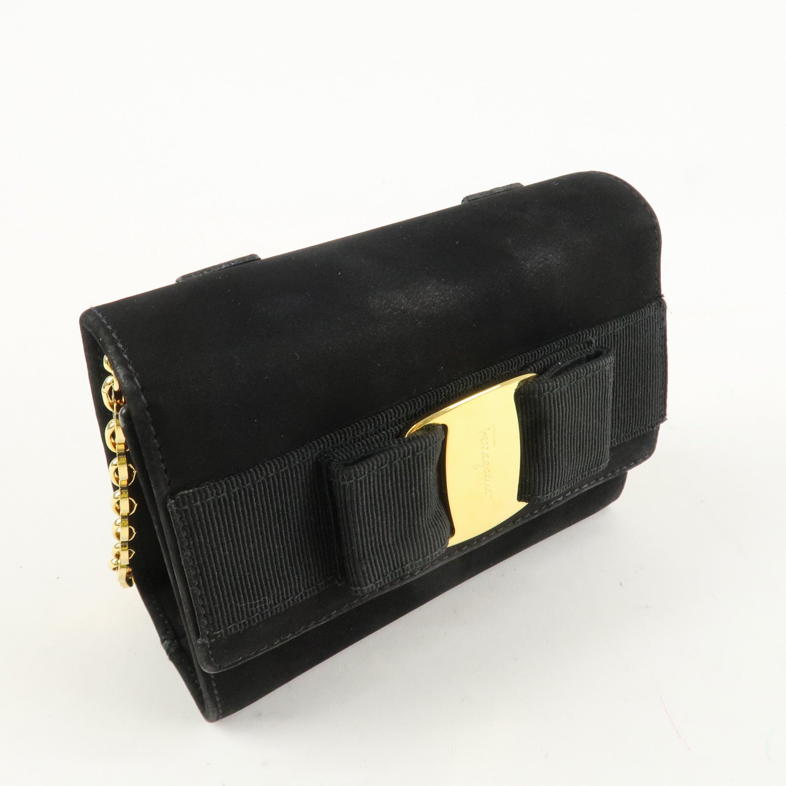 Ferragamo Vara Ribbon Suede Mini Chain Shoulder Bag Hand Bag Black Used