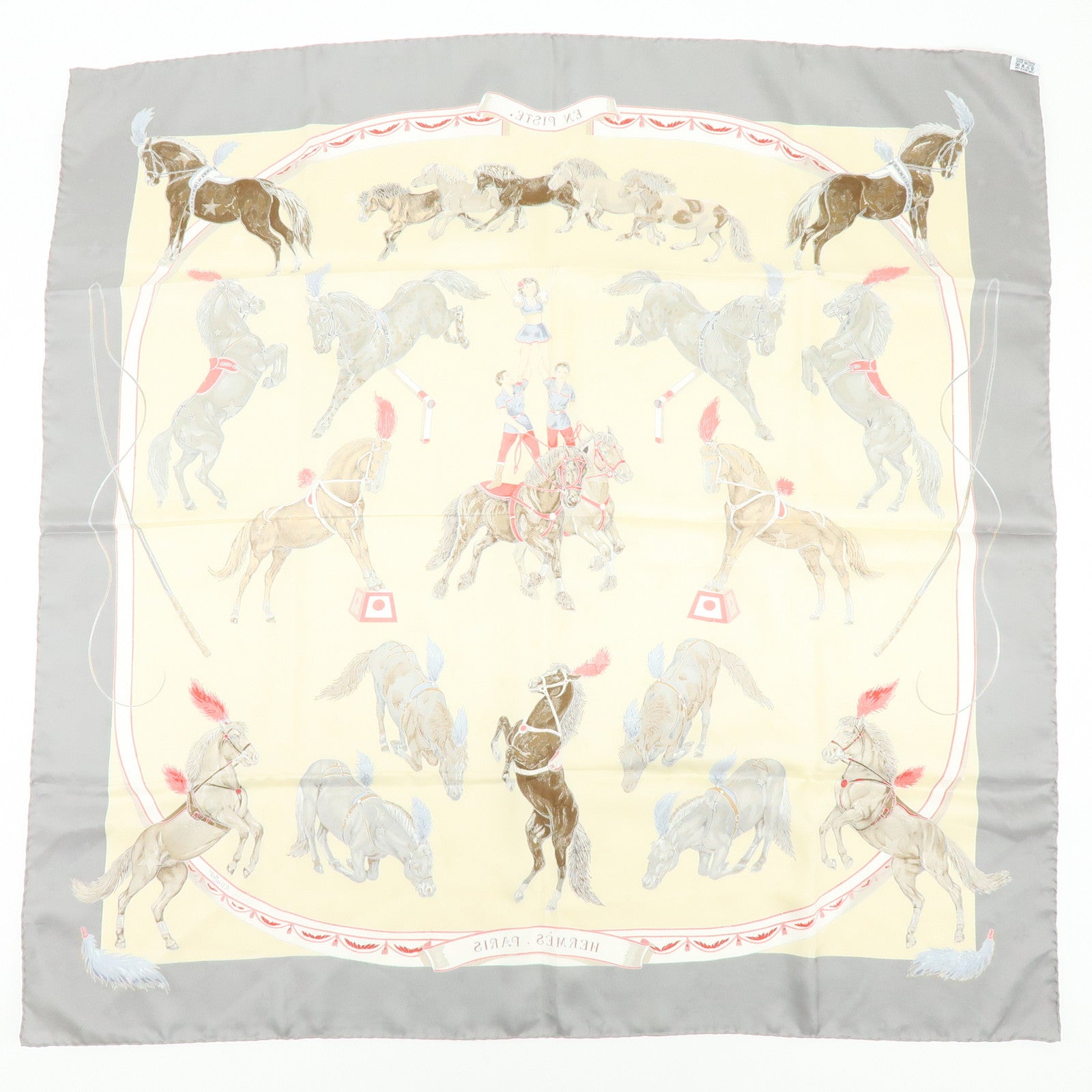 HERMES Carre 90 Silk 100% Scarf EN PISTE Horse Print Beige Gray