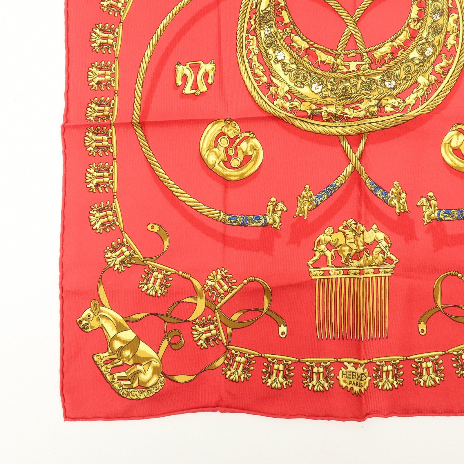 HERMES Carre 40 Silk Scarf LES CAVALIERS D'OR Knight Motif Red Gold