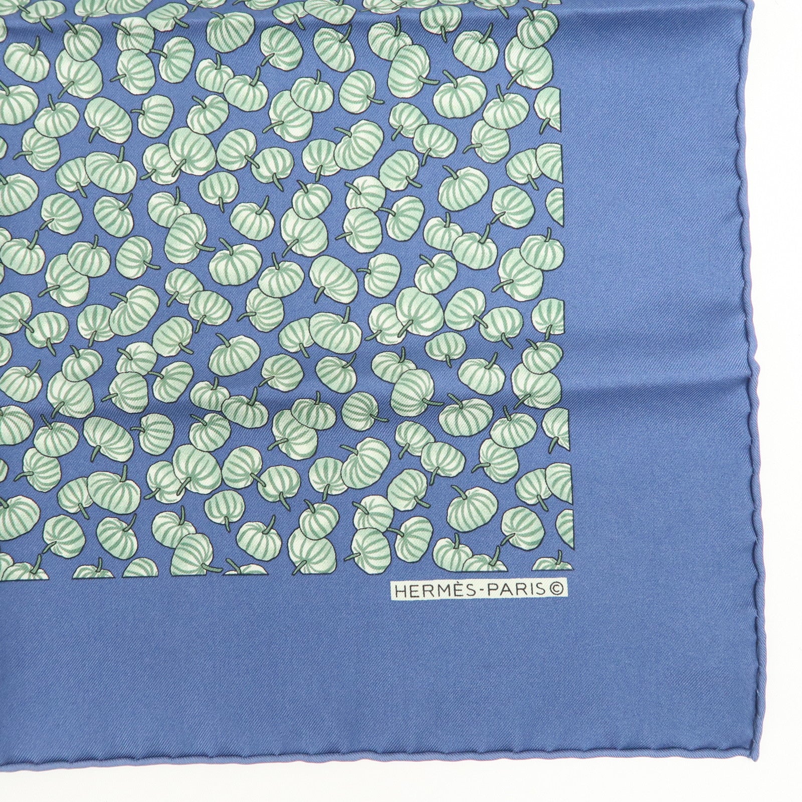 HERMES Logo Silk 100% Scarf 42×42 Pumpkin Blue Green