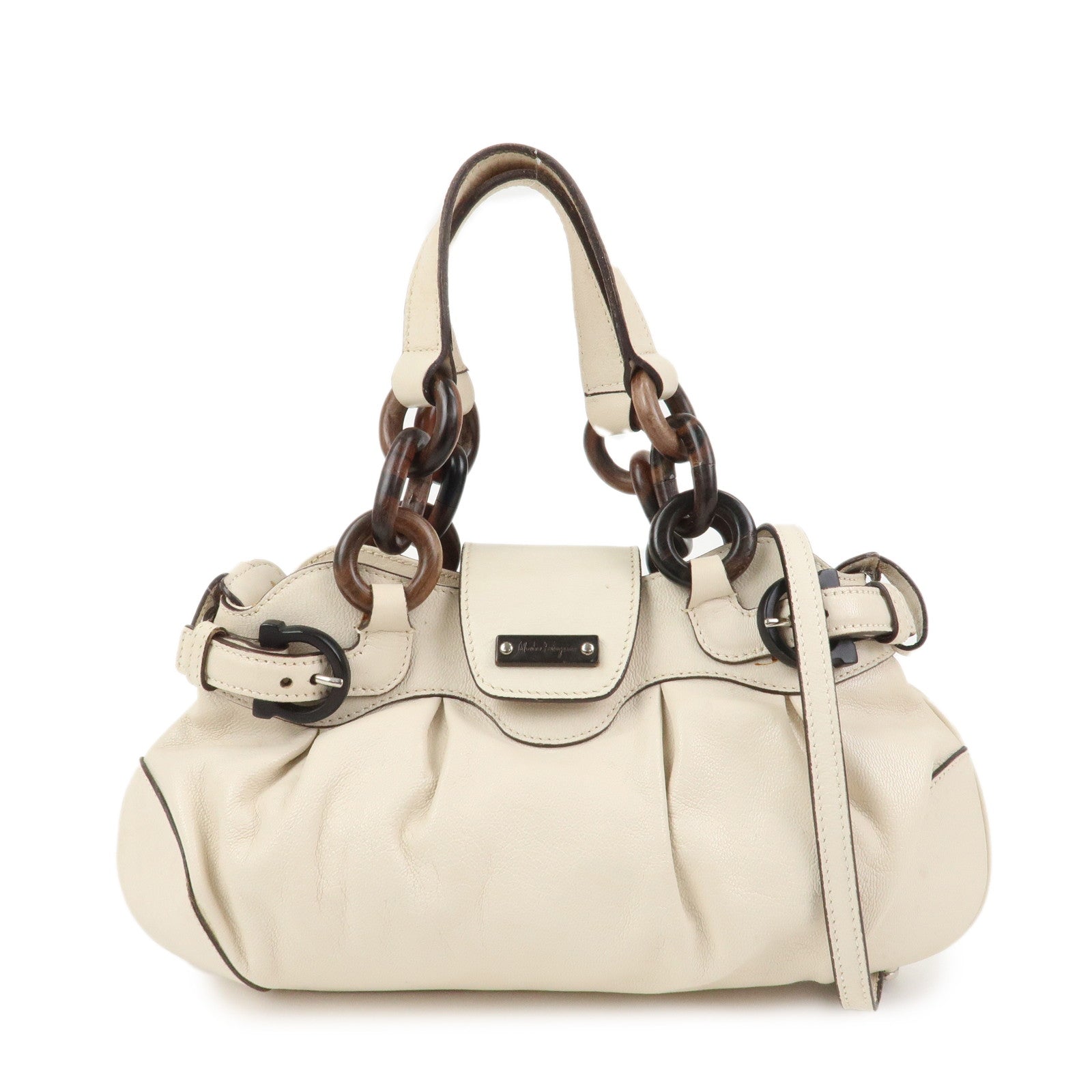 Ferragamo Leather 2 Way Bag Hand Bag Shoulder Bag Ivory