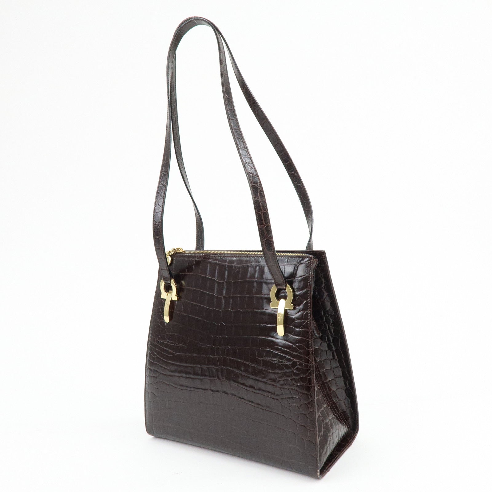 Ferragamo Gancini Embossed Leather Shoulder Bag Tote Bag Dark Brown