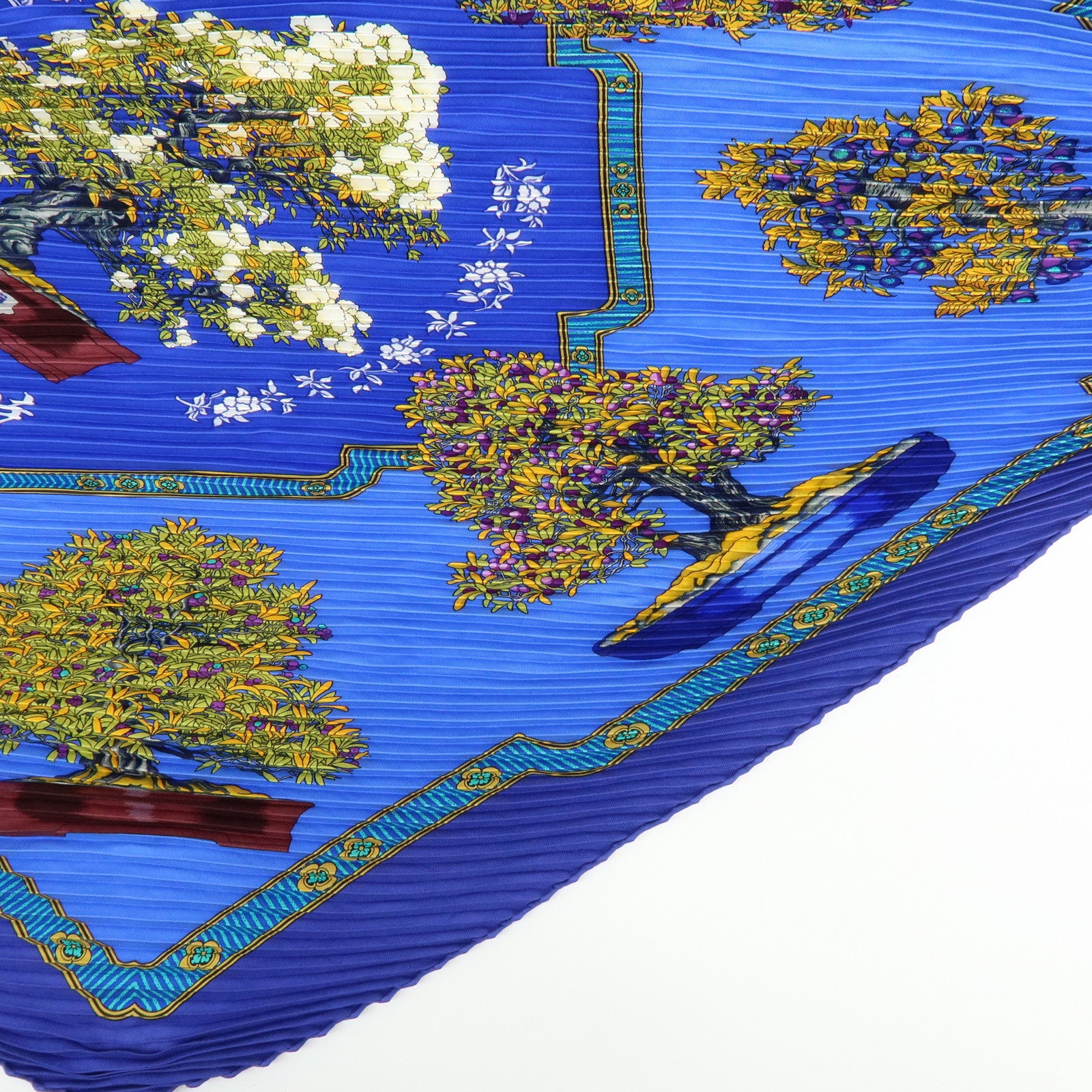 HERMES Pleated Carre 90 Silk 100% Scarf BONSAI Blue Light Green