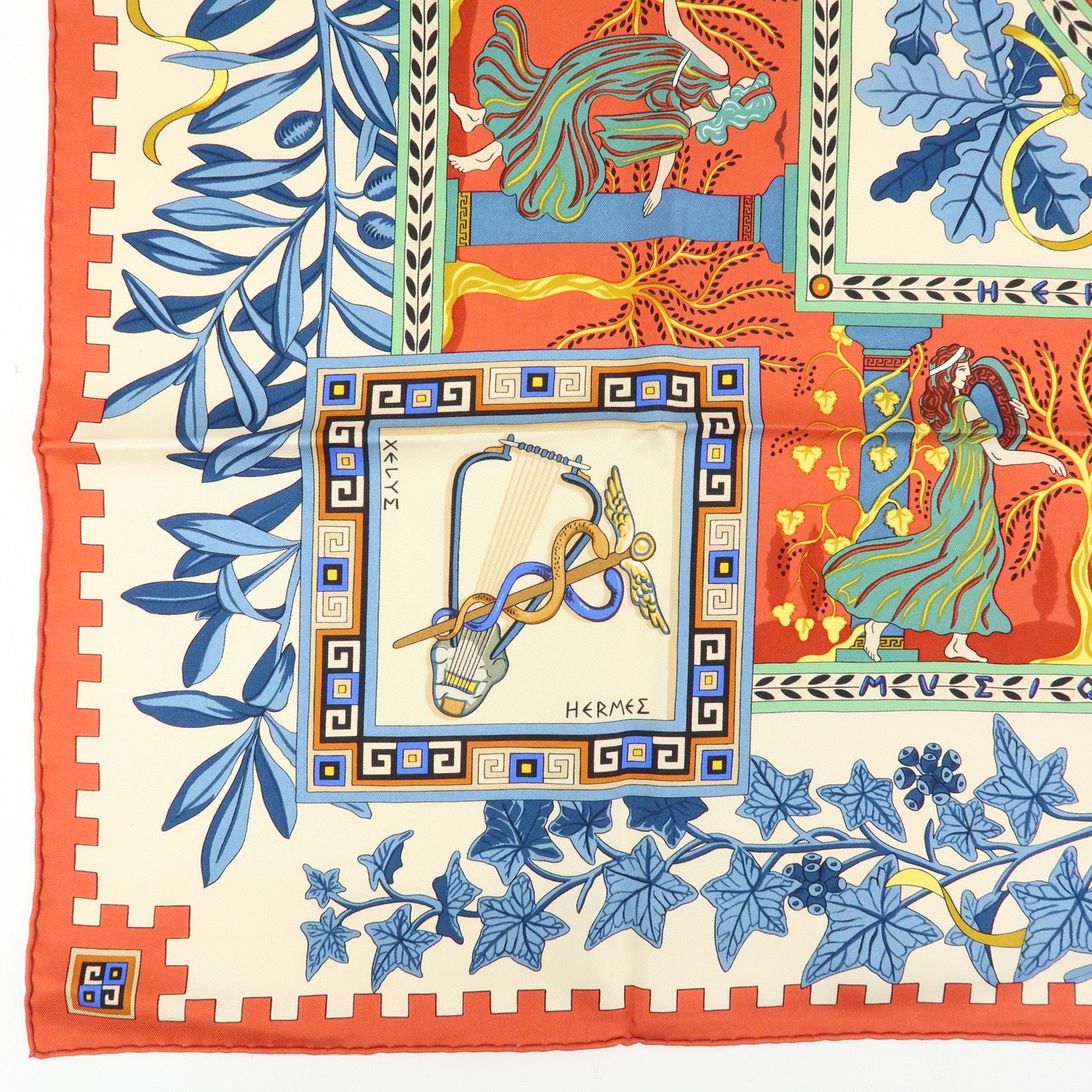 HERMES Carre 90 Silk 100% Scarf MUSIQUE DES DIEUX Multicolor