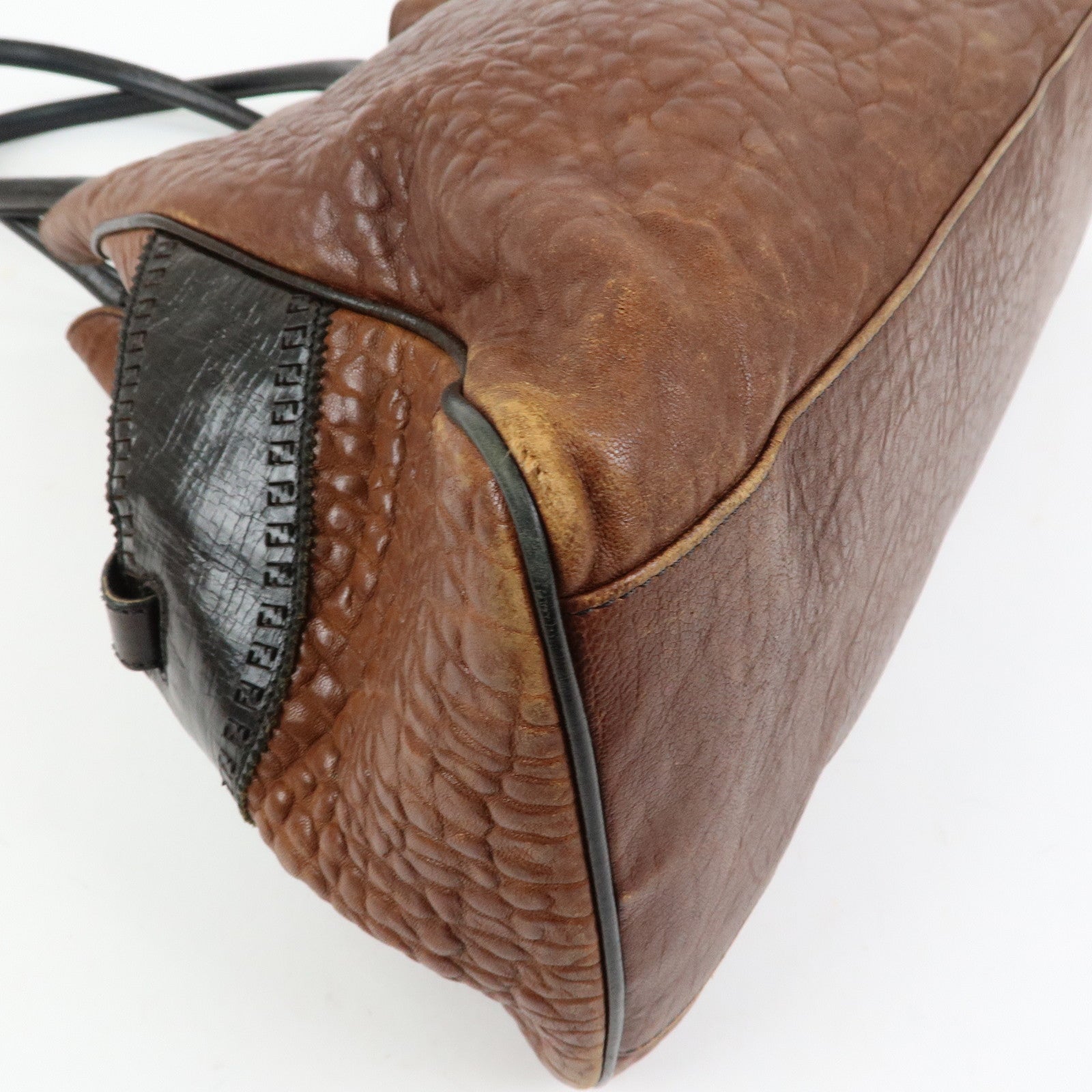FENDI Etnico Leather Tote Bag Shoulder Bag Brown Black 8BN158