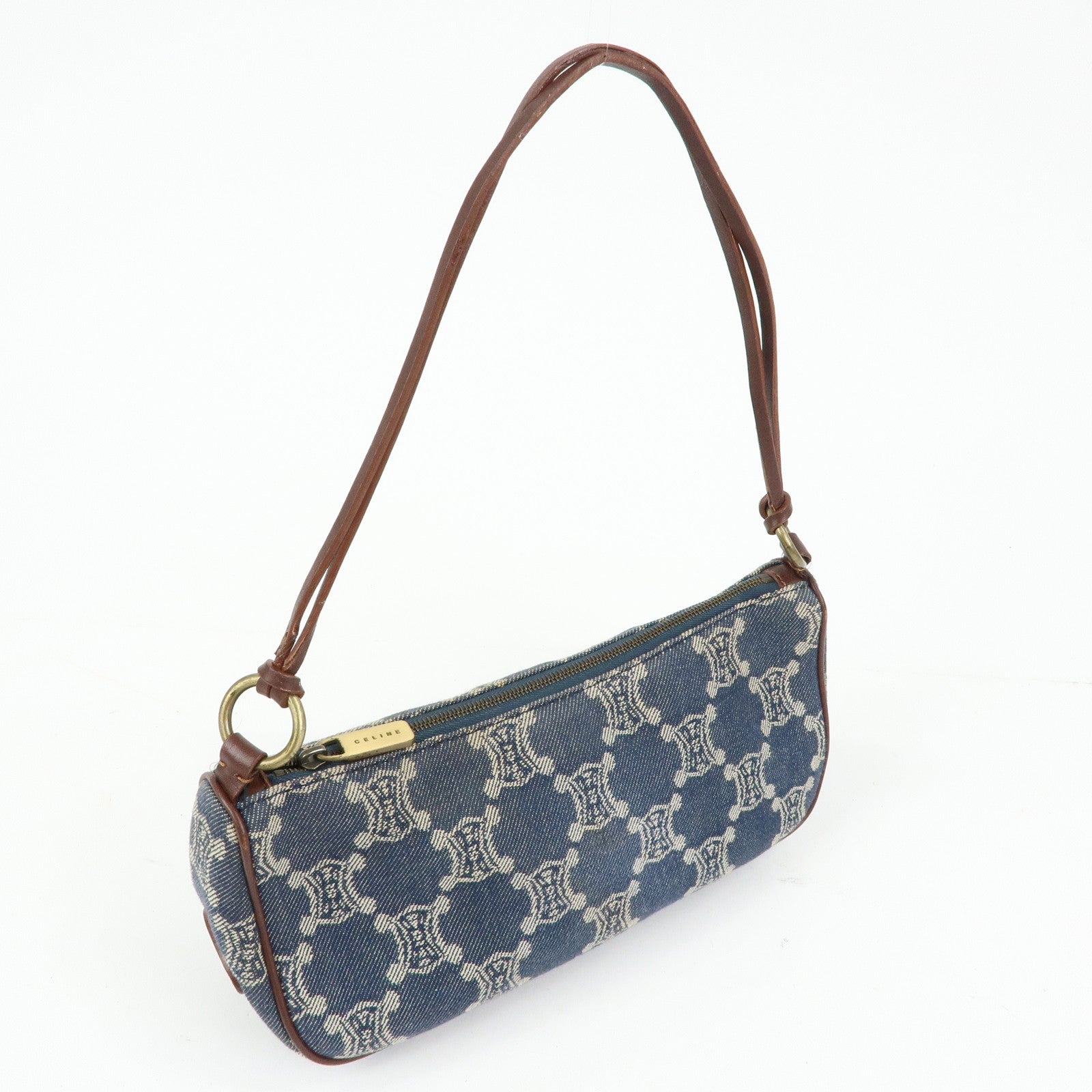 CELINE Macadam Denim Leather Shoulder Hand Bag Indigo Blue Brown