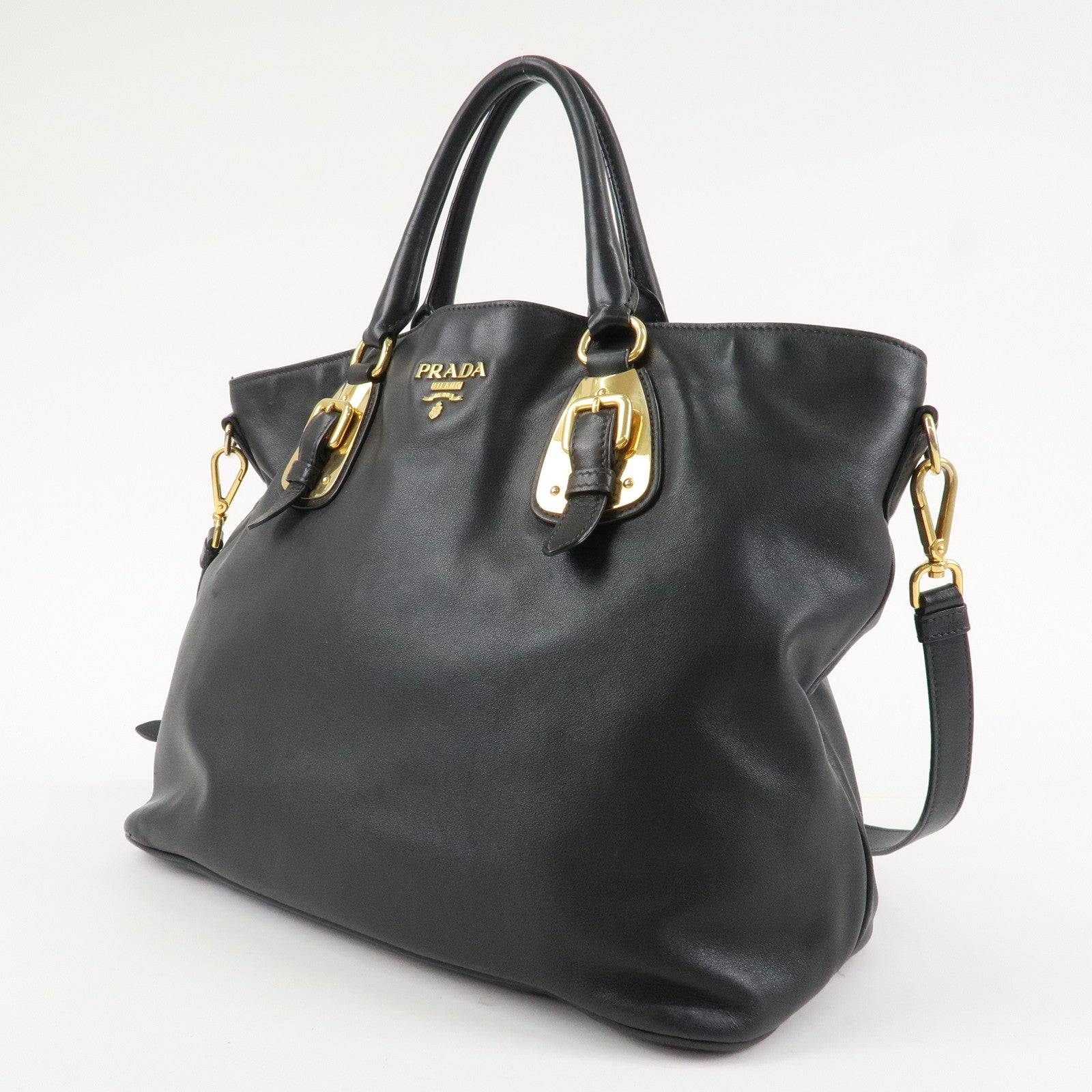 PRADA Logo Calf Leather 2Way Tote Bag Hand Bag Black Gold HDW BN1902