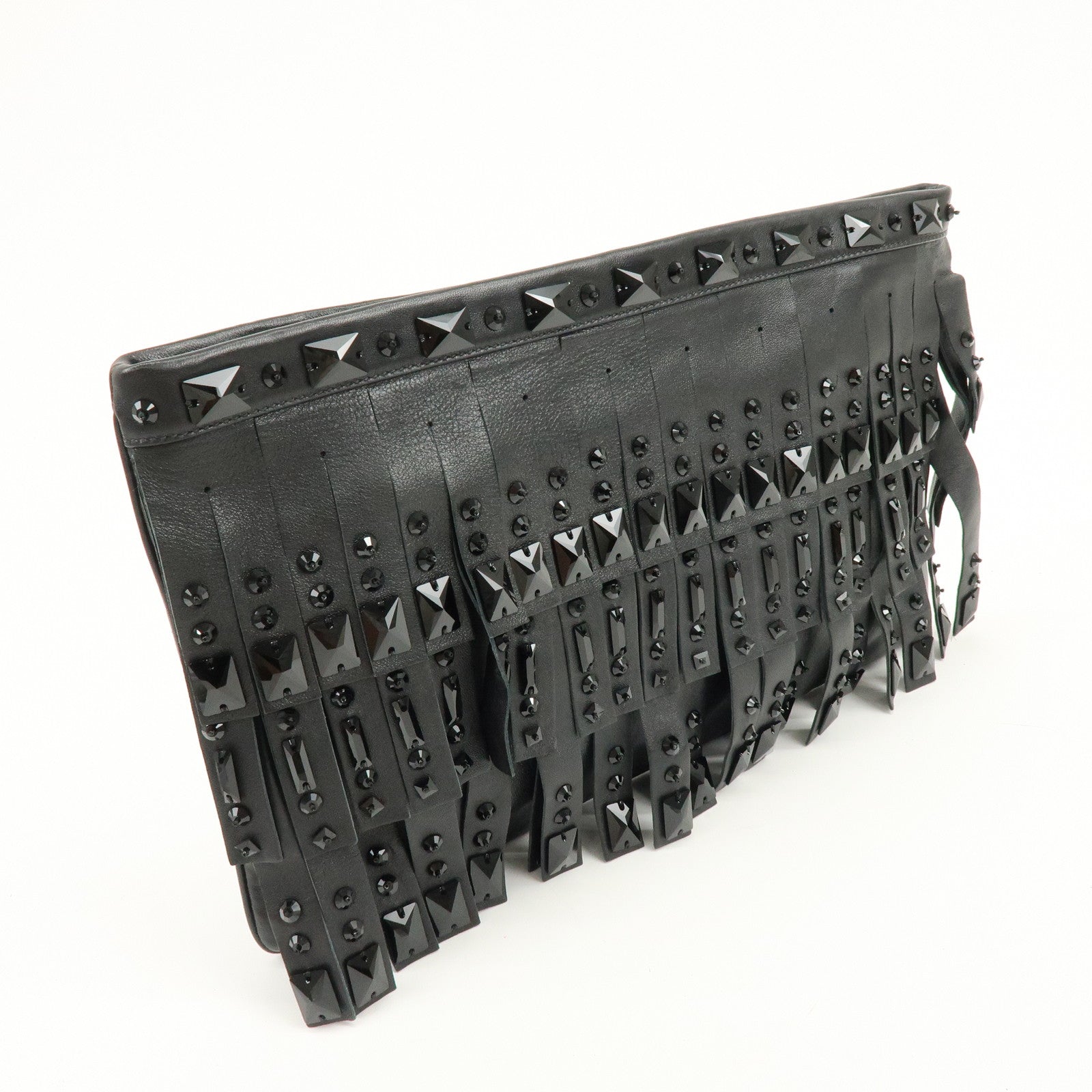 PRADA Canvas Leather Fringe Bijoux Clutch Bag Pouch Black