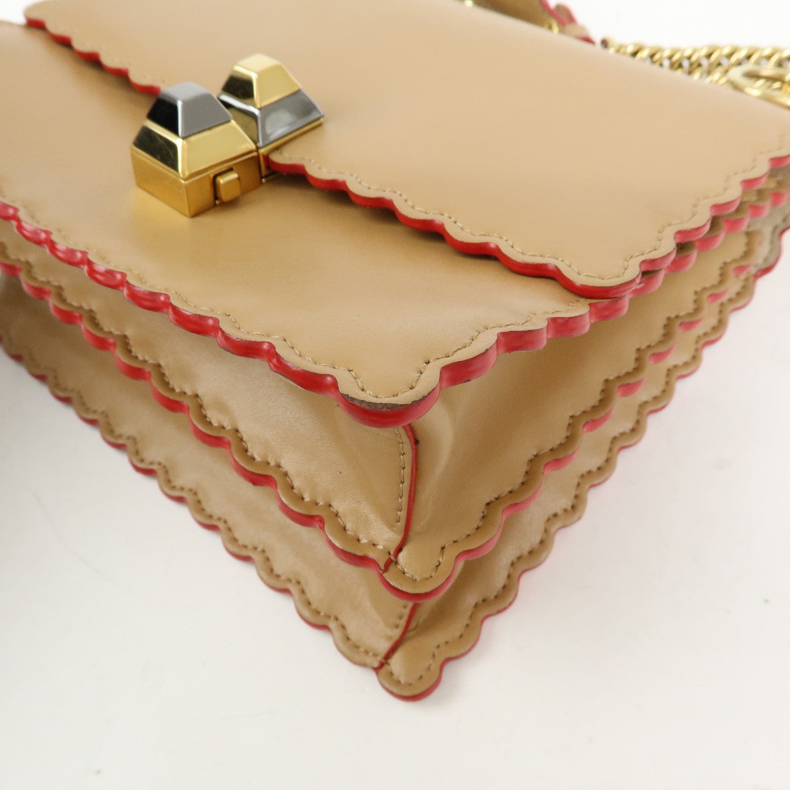 FENDI Mini Kan I Leather Chain Shoulder Crossbody Bag Beige 8M0381