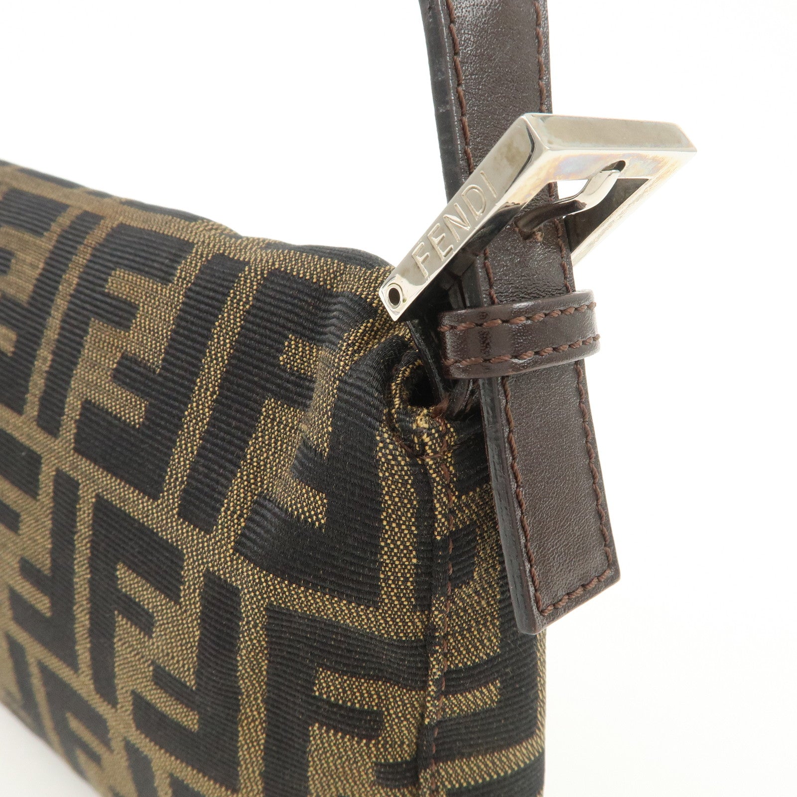 FENDI Mamma Baguette Zucca Canvas Leather Shoulder Bag Black Brown 26424