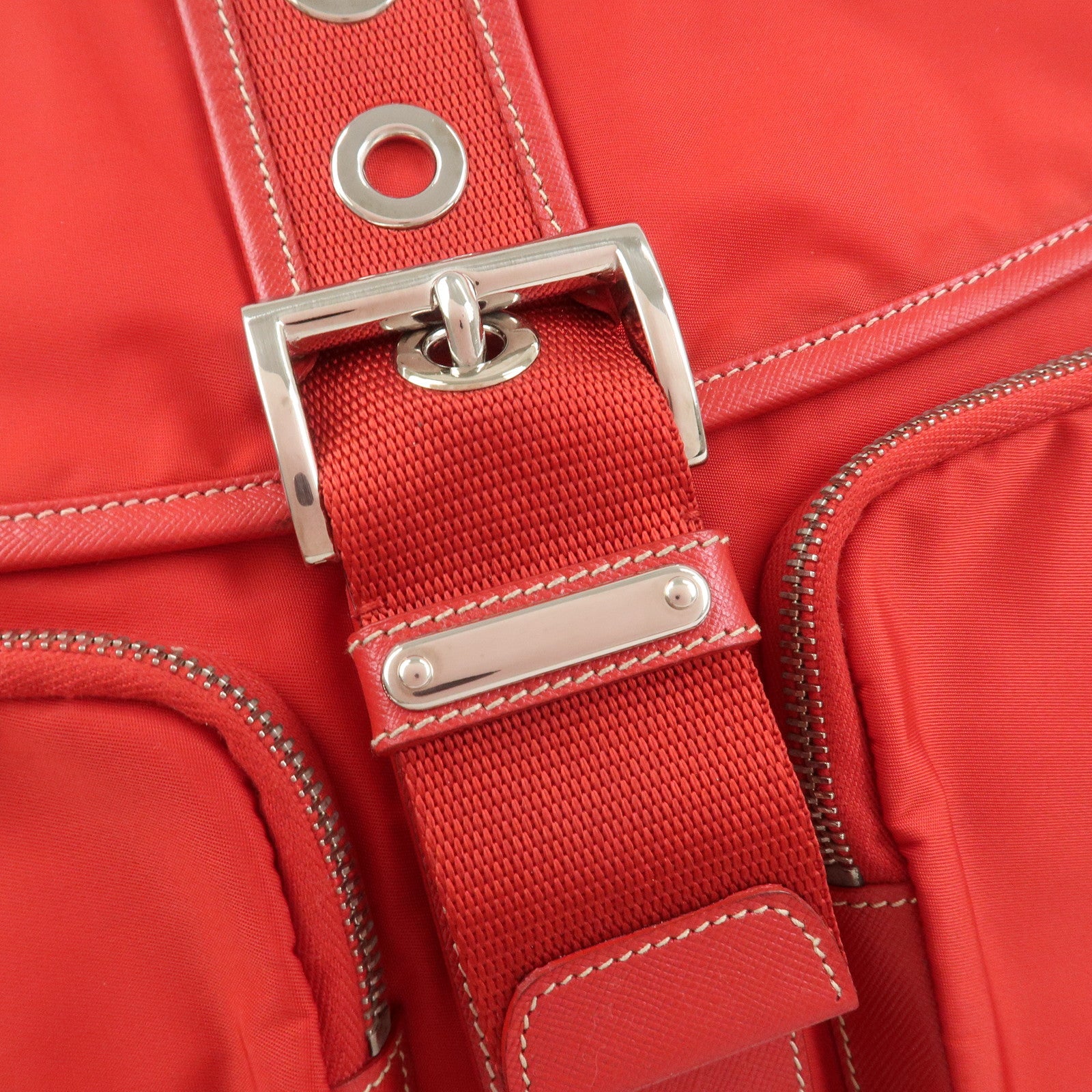 PRADA Triangle Logo Nylon Saffiano Leather Shoulder Bag Red BT0436