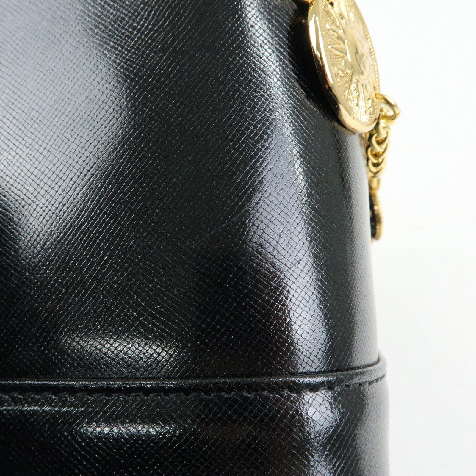 GIANNI VERSACE Leather Hand Bag Vanity Case Gold Charm Black
