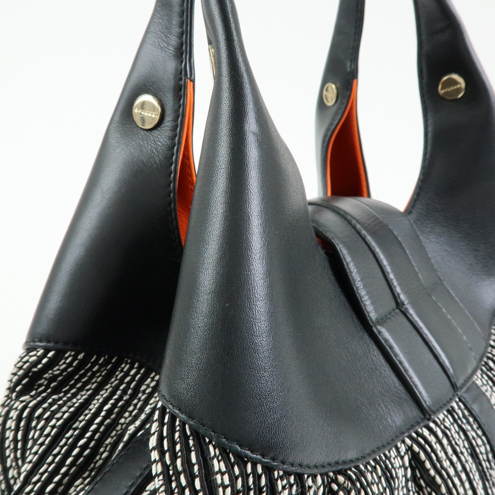 BVLGARI Chandra Leather Canvas Hand Bag Tote Bag Black Orange