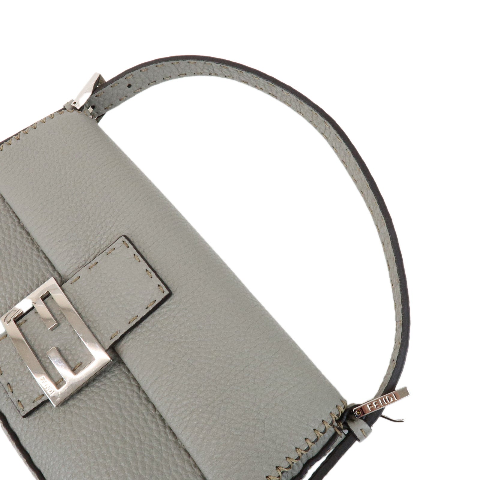 FENDI Mamma Baguette Selleria Leather Shoulder Bag Gray 8BR600