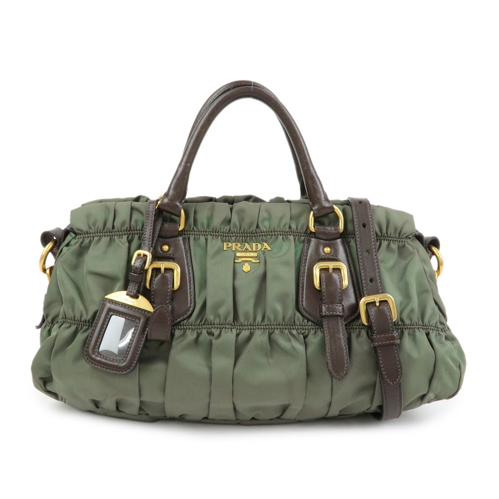 PRADA Nylon Leather Gathered 2Way Bag Hand Bag Khaki BN1407