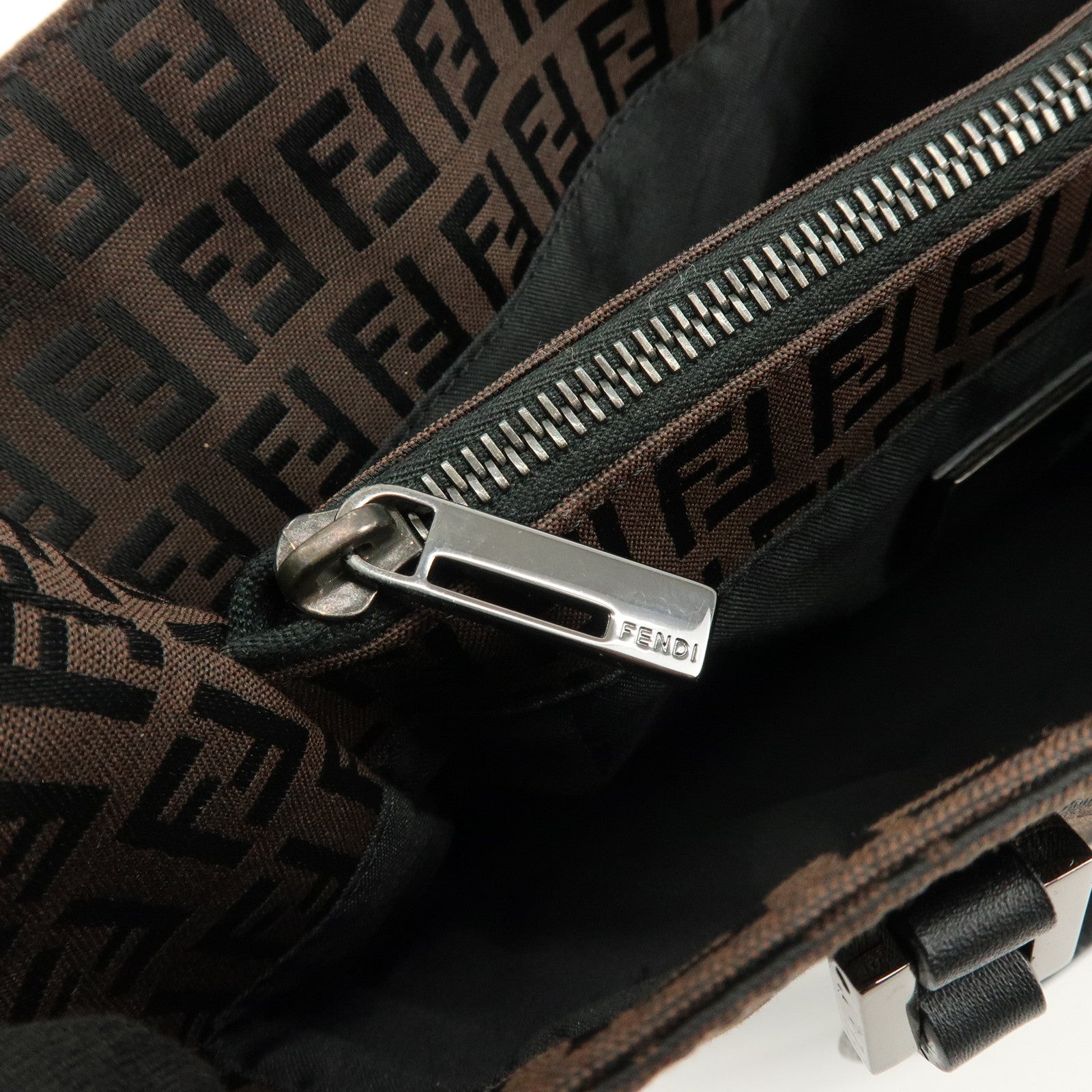 FENDI Zucchino Canvas Leather Tote Bag Shoulder Bag Brown Black