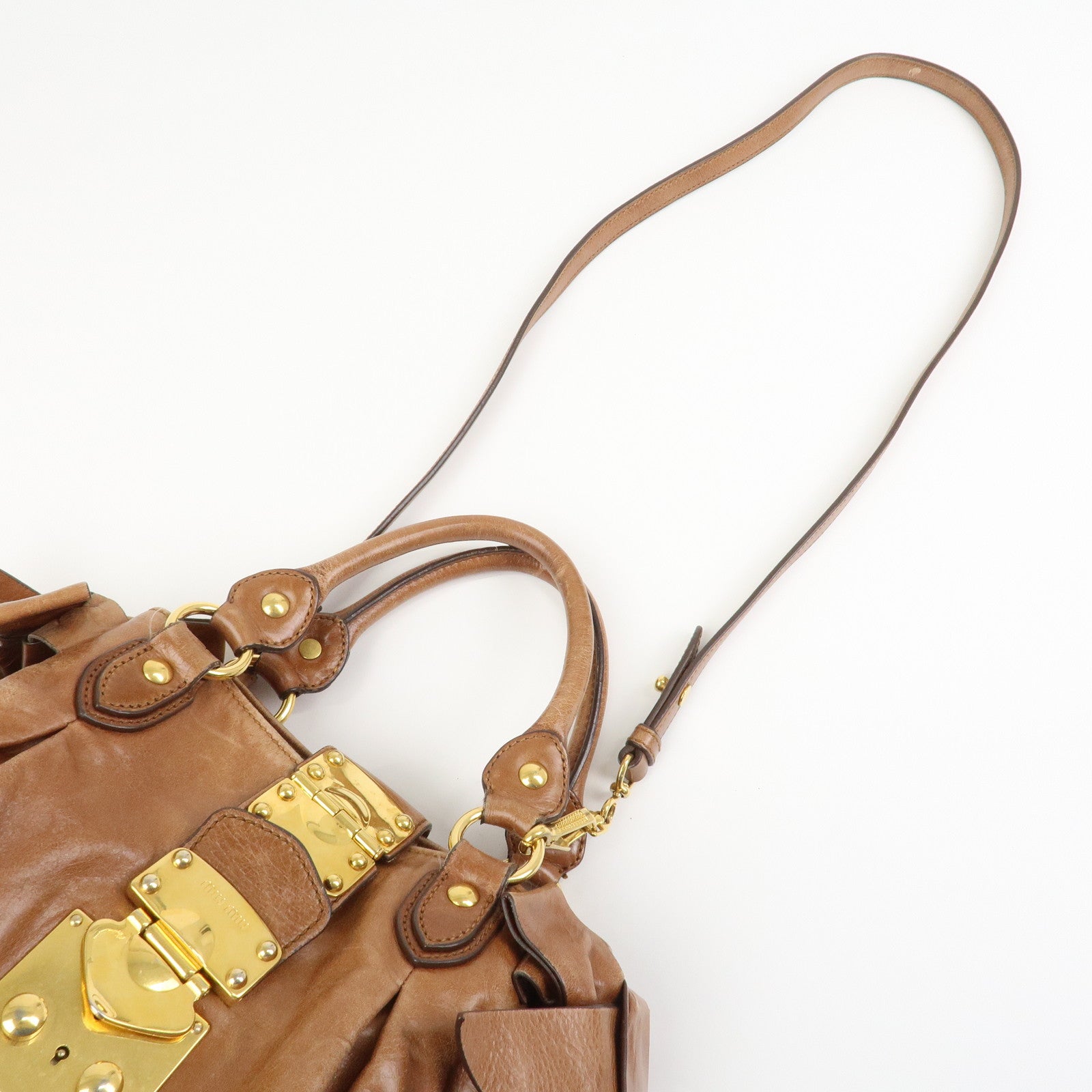 MIU MIU Side Ribbon Leather 2Way Shoulder Hand Bag Brown RN0686