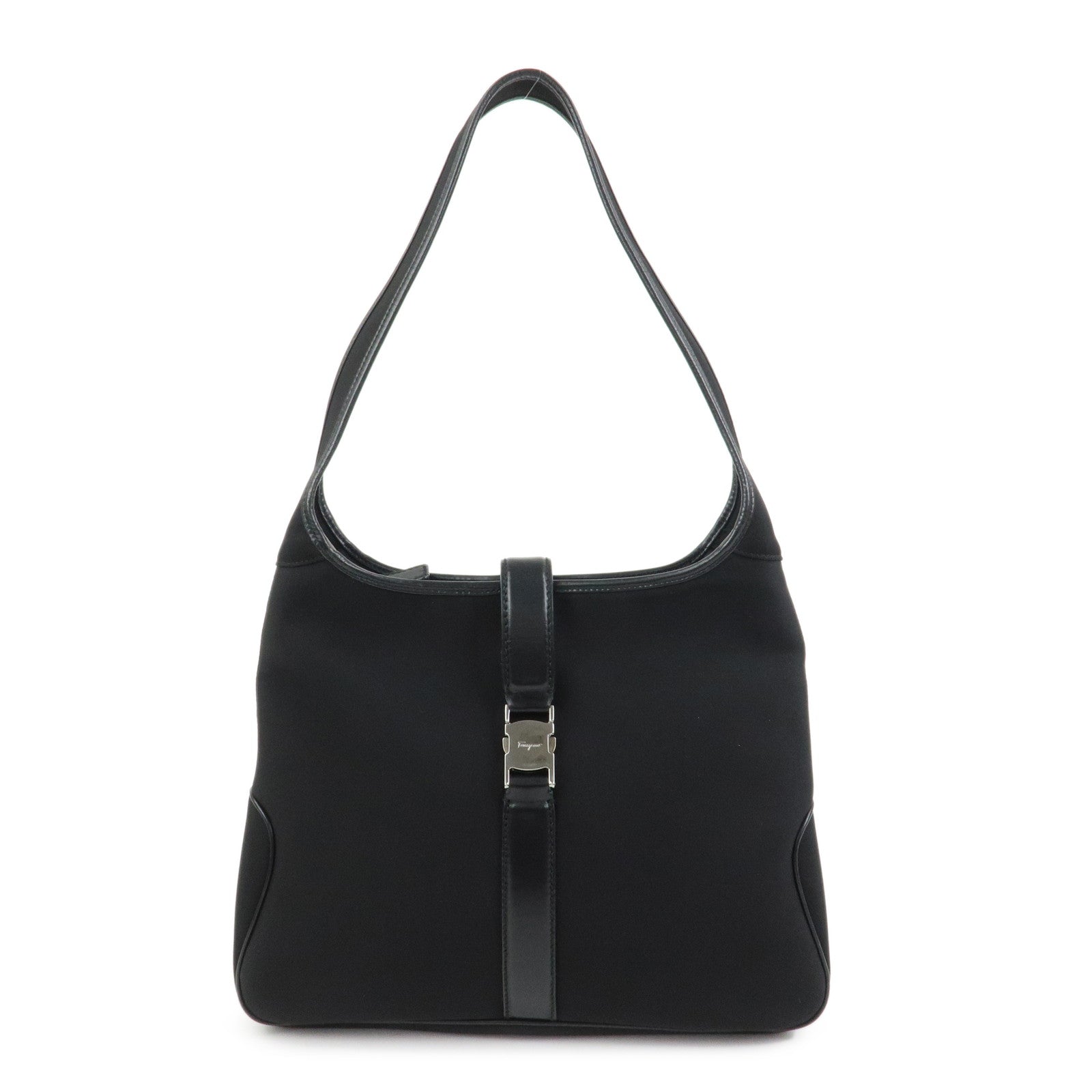 Ferragamo Logo Nylon Canvas Leather Shoulder Bag Hand Bag Black