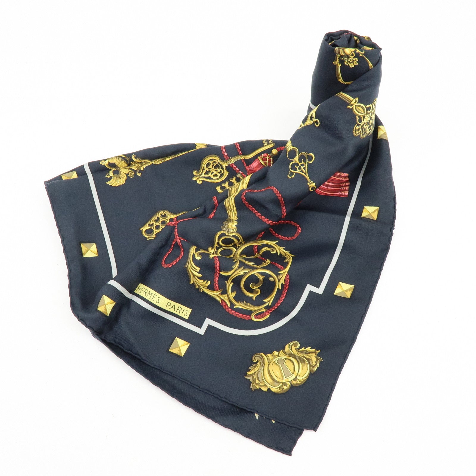 HERMES Carre 90 Silk 100% Scarf LES CLES THE KEYS RARE Black