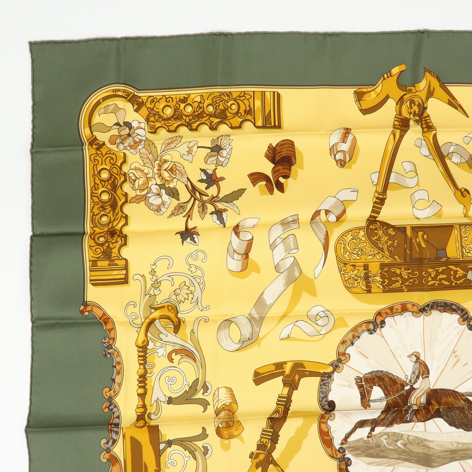 HERMES Carre 90 Silk 100% Scarf Copeaux Gold Yellow Moss Green
