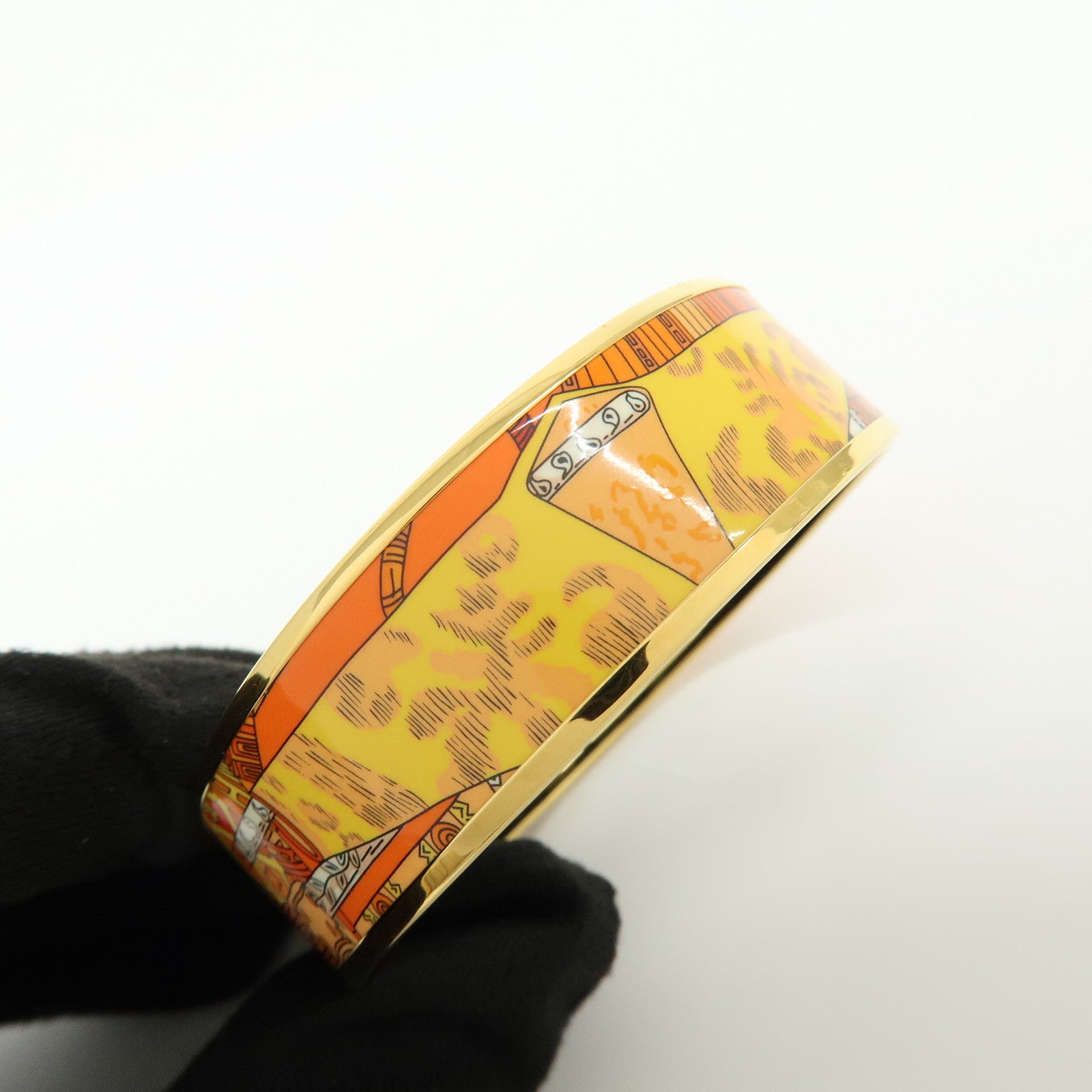 HERMES Gold Plated Email GM Bangle Bracelet Orange Gold