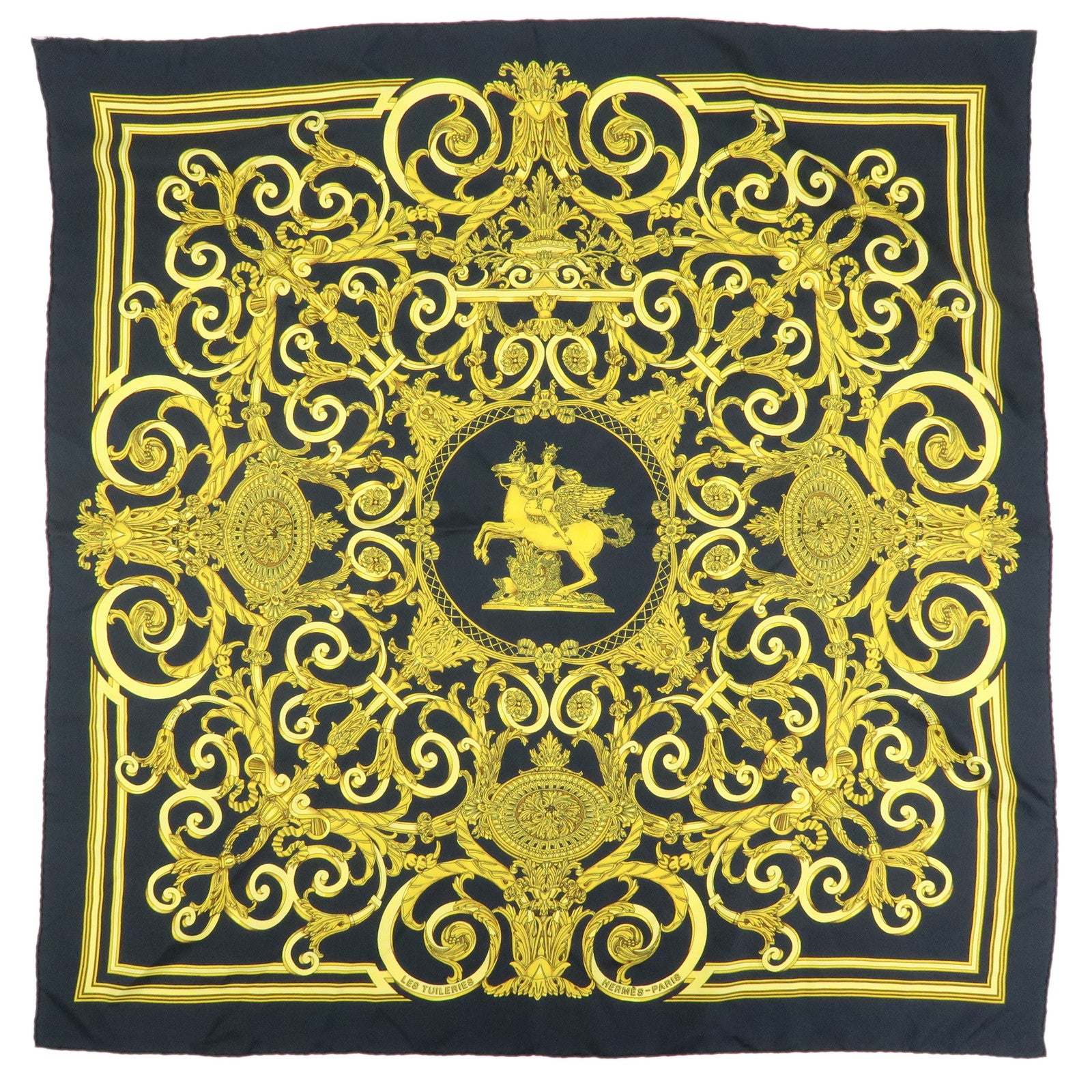 HERMES Carre 90 Silk 100% Scarf LES TUILERIES Black Gold