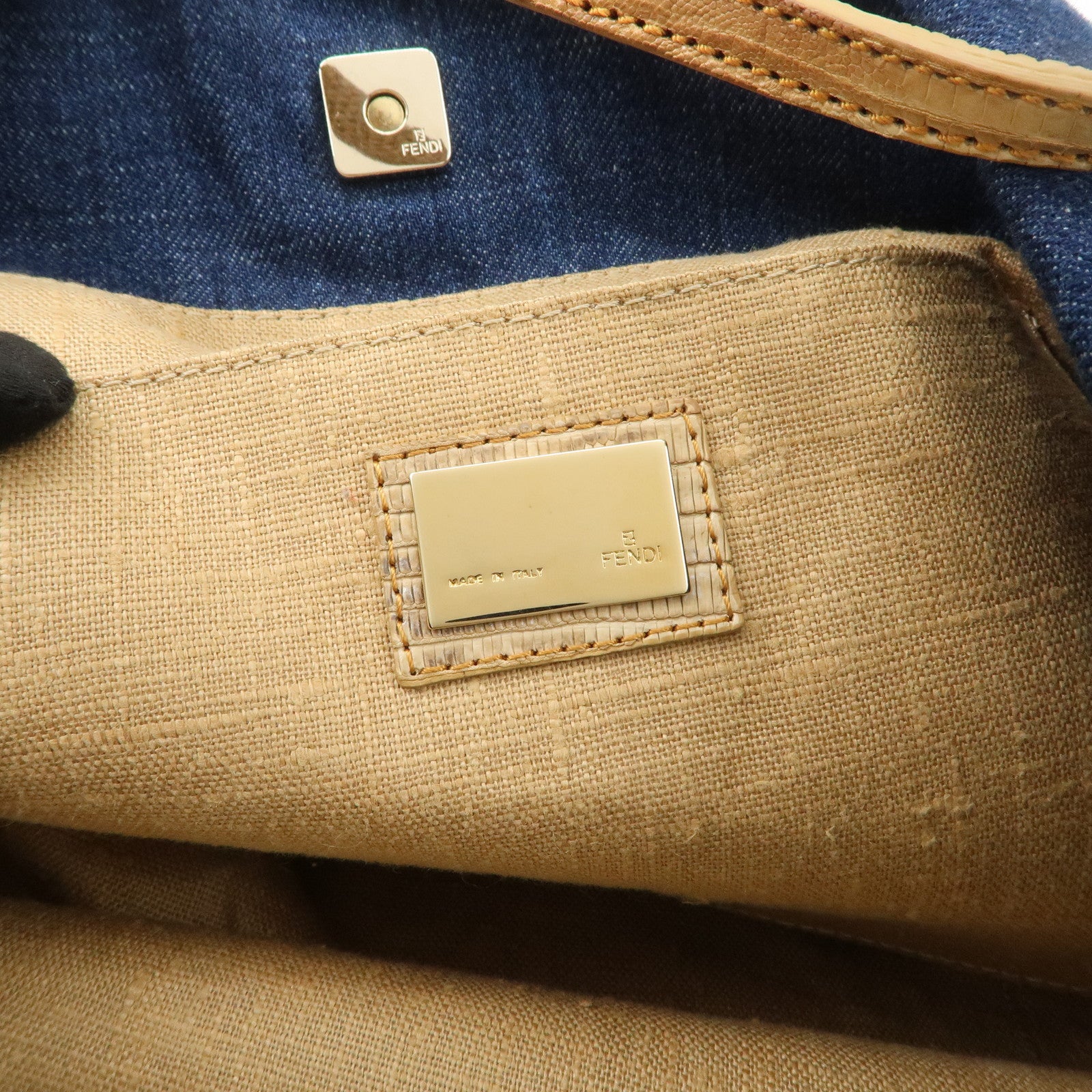 FENDI Denim Tote Bag Hand Bag Logo Charm Navy