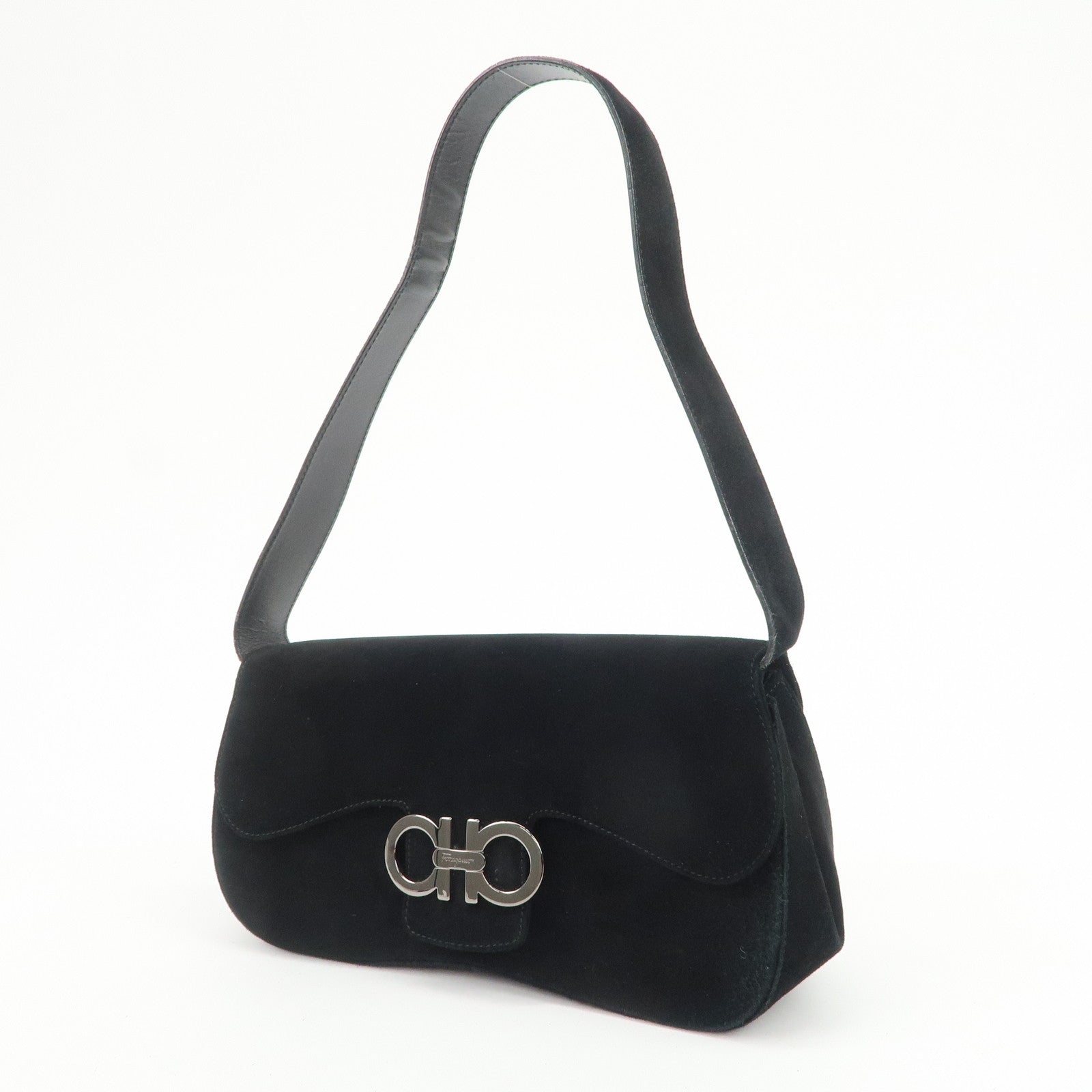 Ferragamo Gancini Suede Leather Shoulder Bag Hand Bag Black