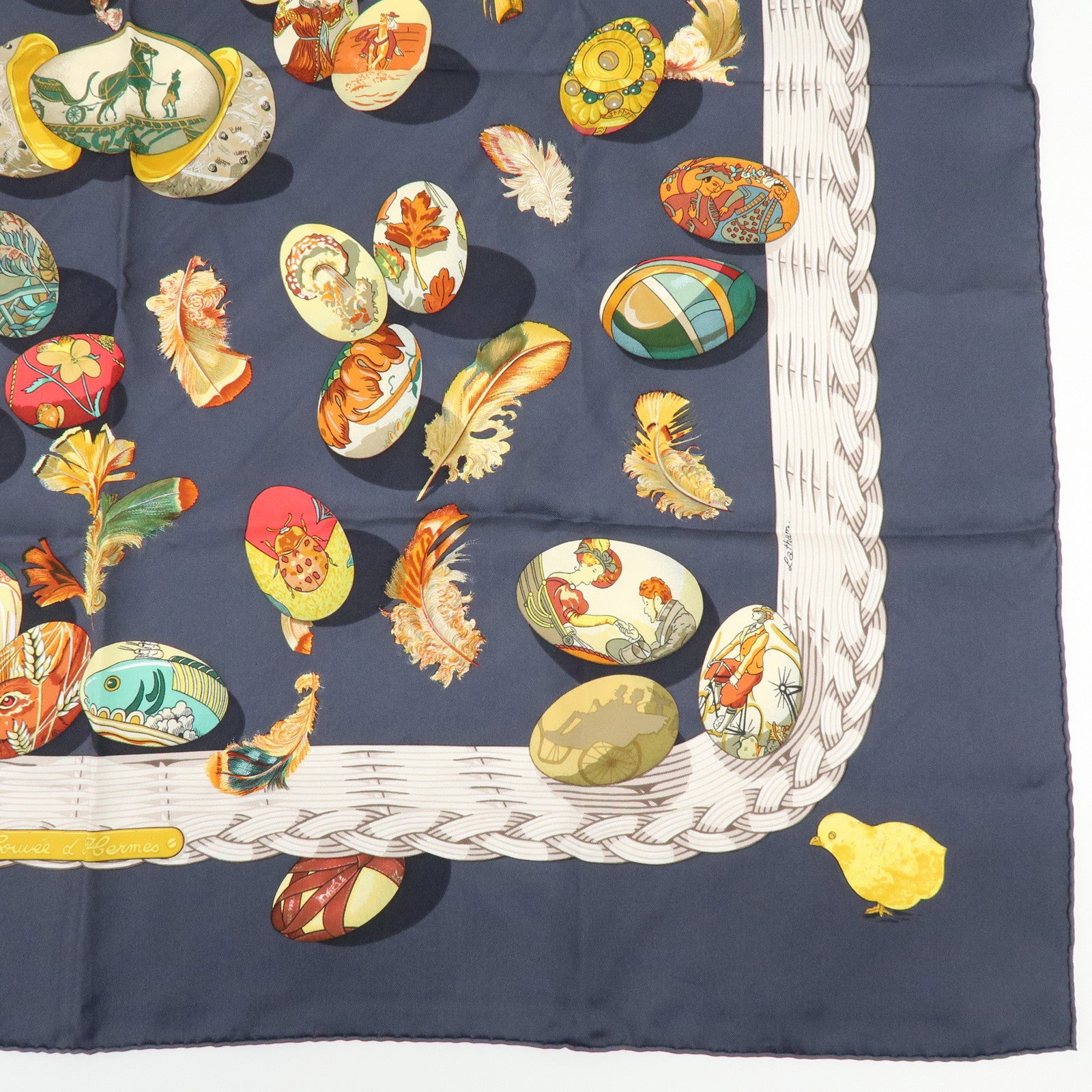 HERMES Carre 90 Silk 100% Scarf COUVEE D HERMES Egg Print Grey
