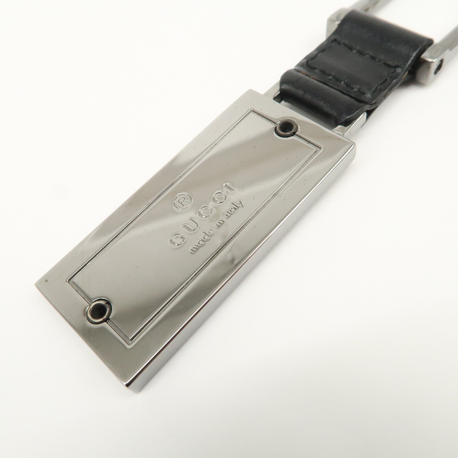 GUCCI Leather Metal Bag Charm Key Chain Key Charm Black Silver