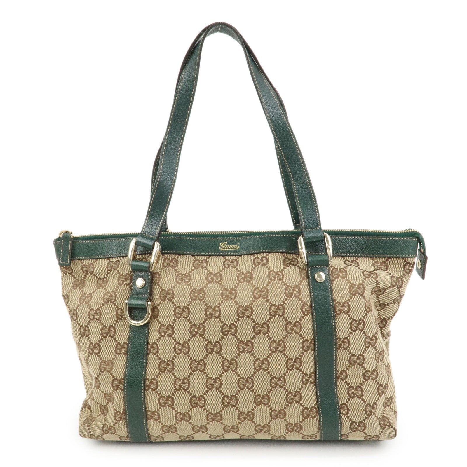 GUCCI Abbey GG Canvas Leather Tote Bag Beige Dark Green 141470