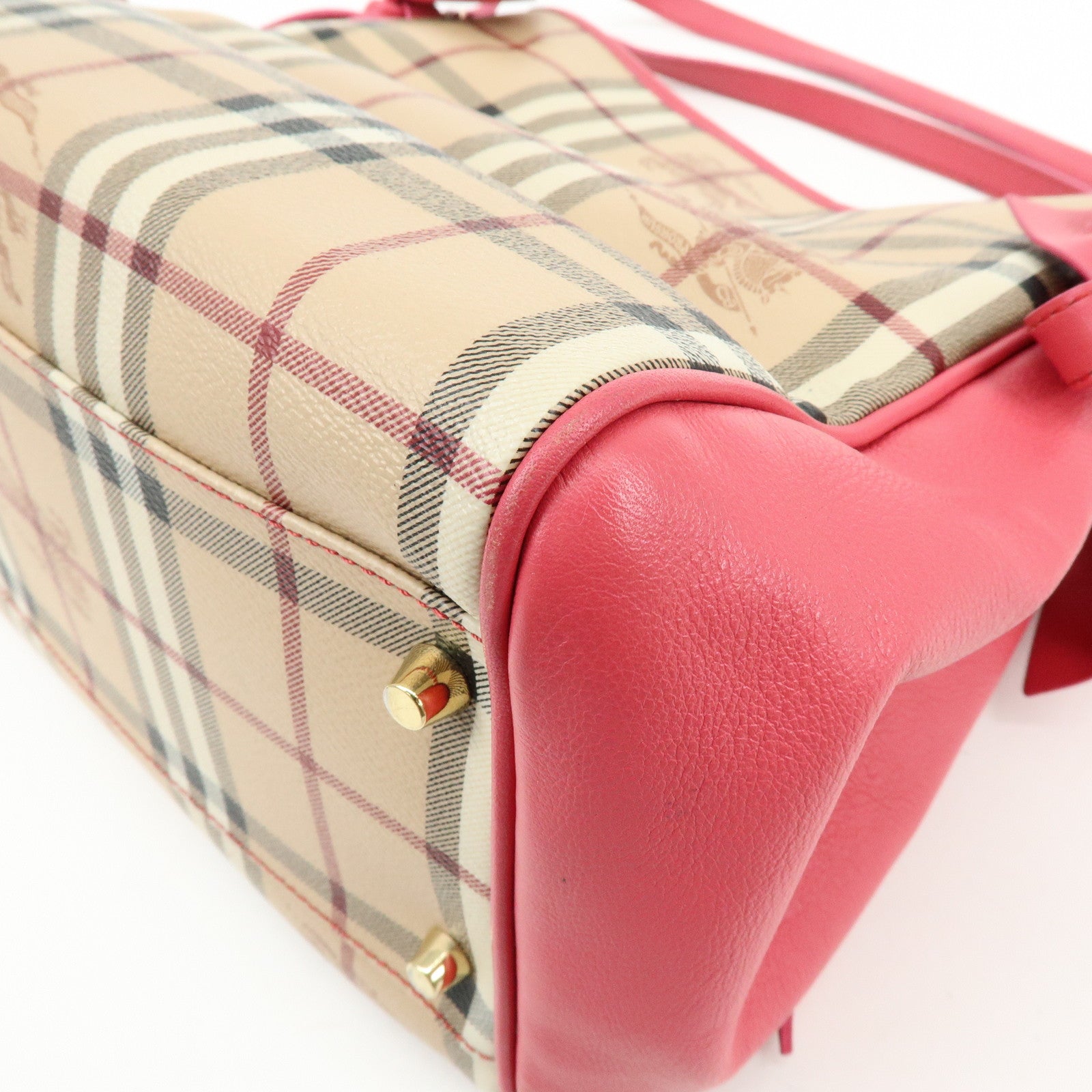 BURBERRY Side Ribbon PVC Leather Hand Bag Nova Plaid Brown Pink