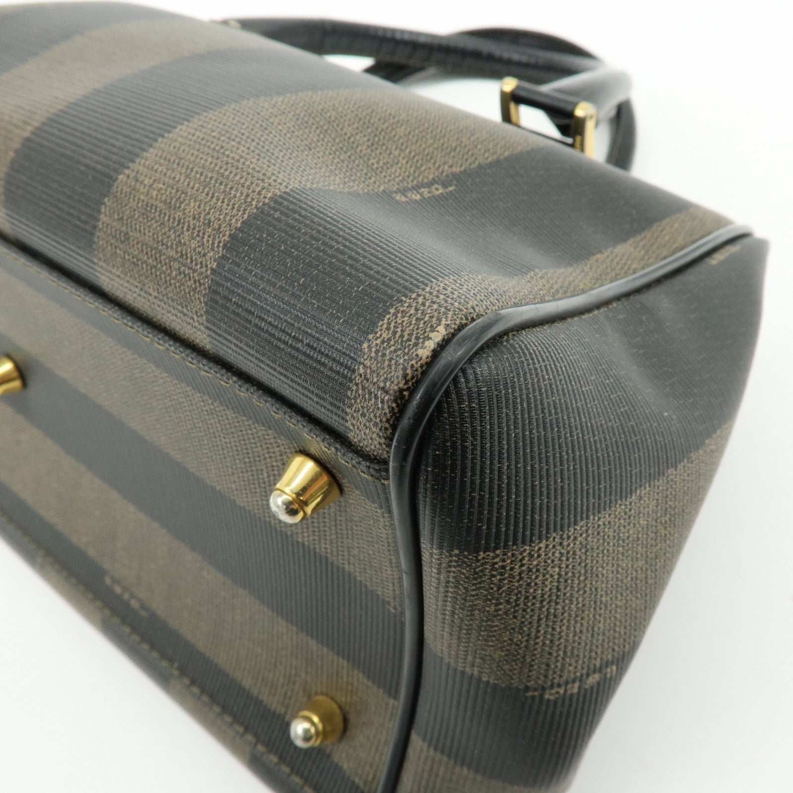 FENDI Pequin PVC Leather Boston Bag Hand Bag Black Brown