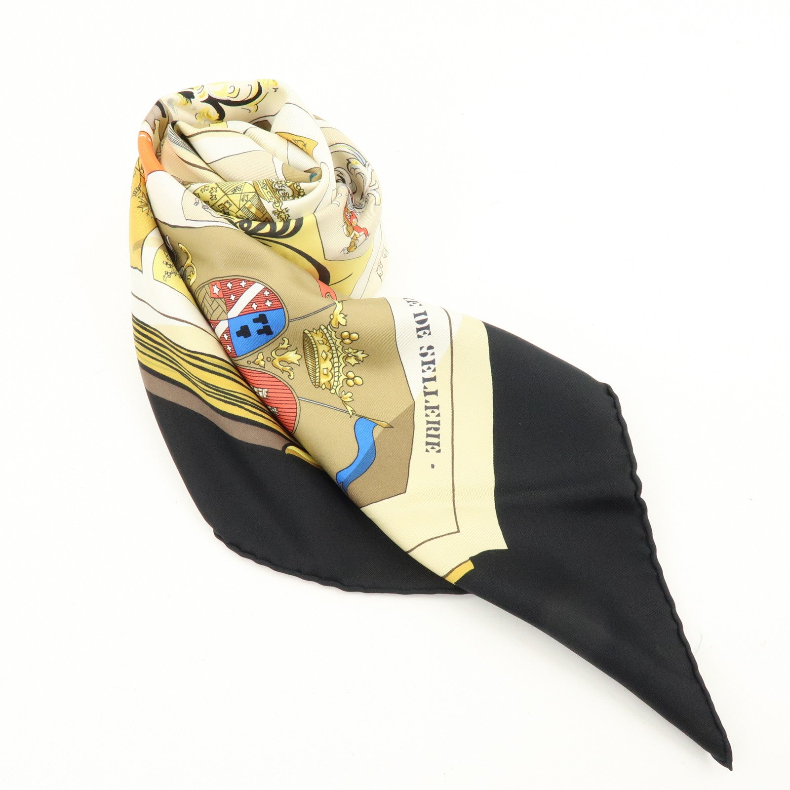 HERMES Carre 90 Silk 100% CHIFFRES ET MONOGRAMMES ANNEE Scarf Black