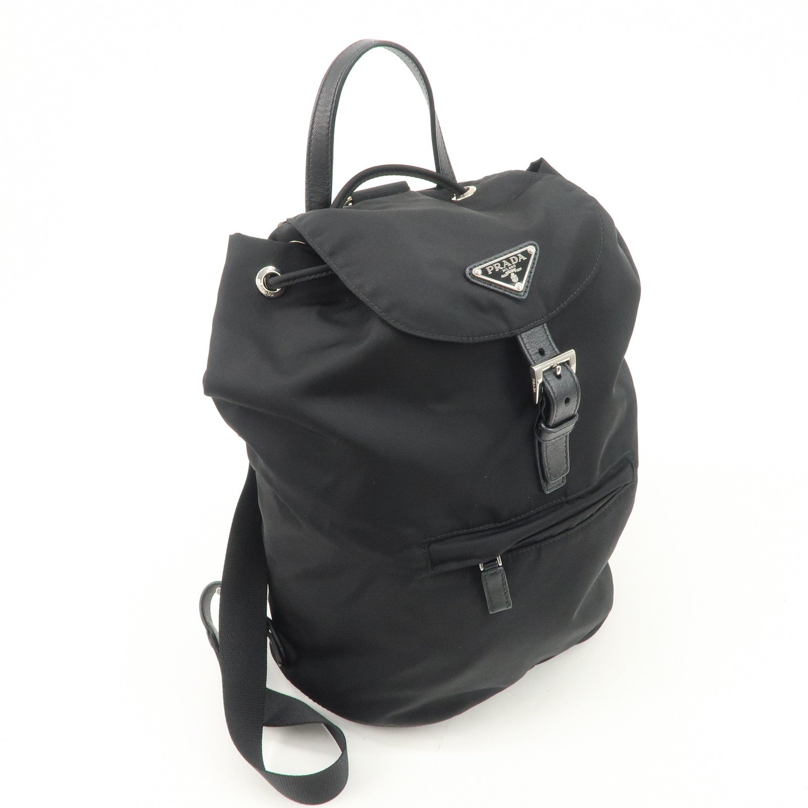 PRADA Triangle Logo Nylon Leather Backpack Rucksack Black 1BZ032
