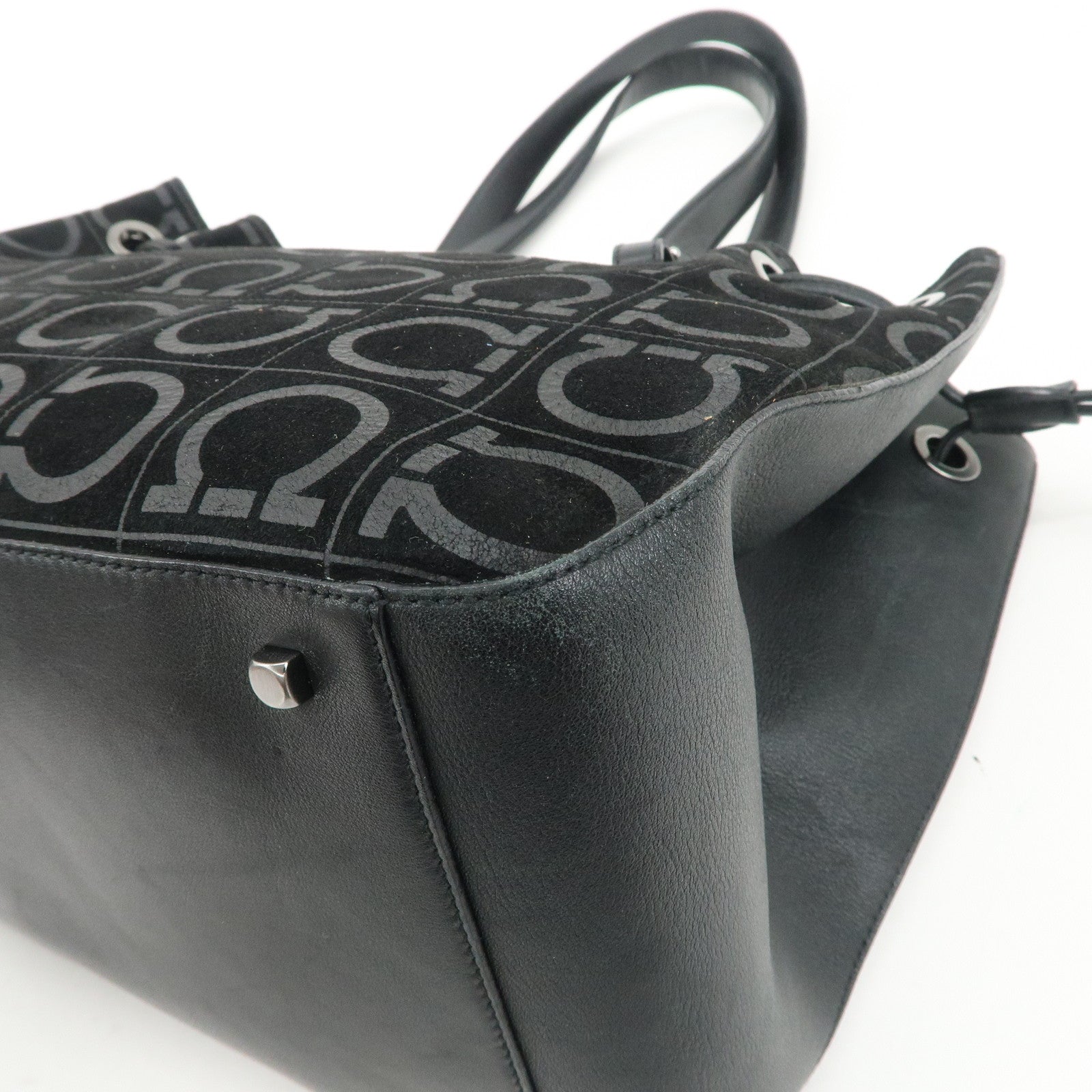 Ferragamo Gancini Leather Suede Shoulder Bag Hand Bag Black