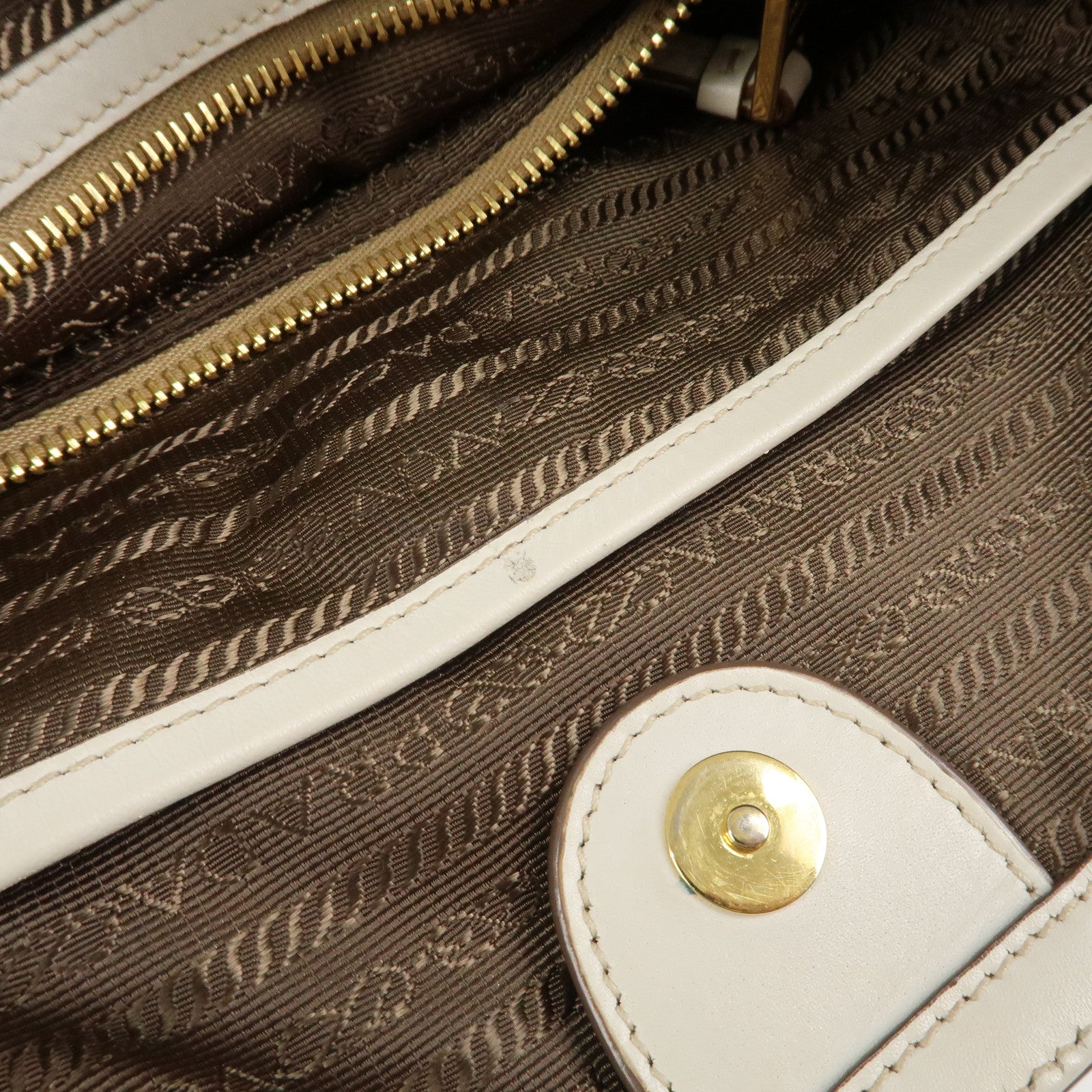 PRADA Logo Jacquard Leather Tote Bag Hand Bag Beige Ivory 1BG158