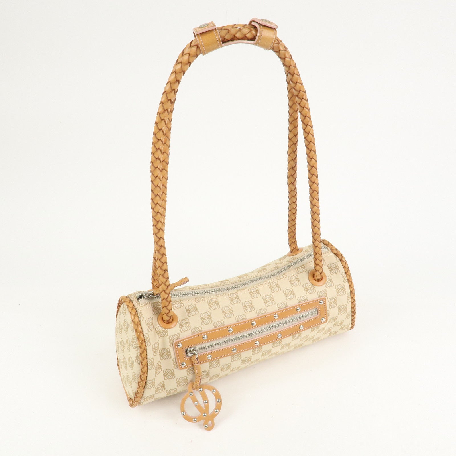 LOEWE Anagram Logo Canvas Shoulder Bag Leather Beige Light Brown