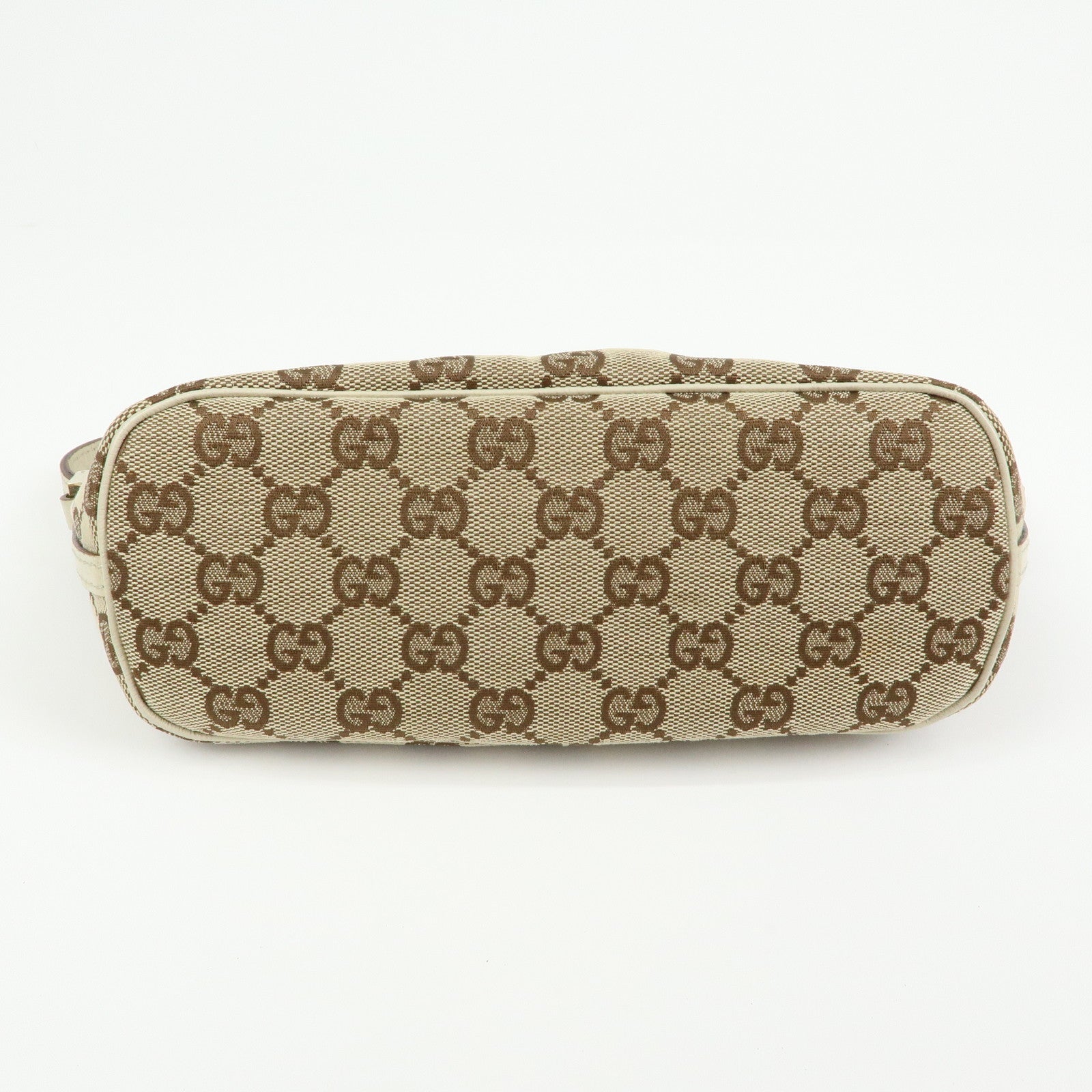 GUCCI Boat Bag GG Canvas Leather Hand Bag Pouch Brown Ivory 07198