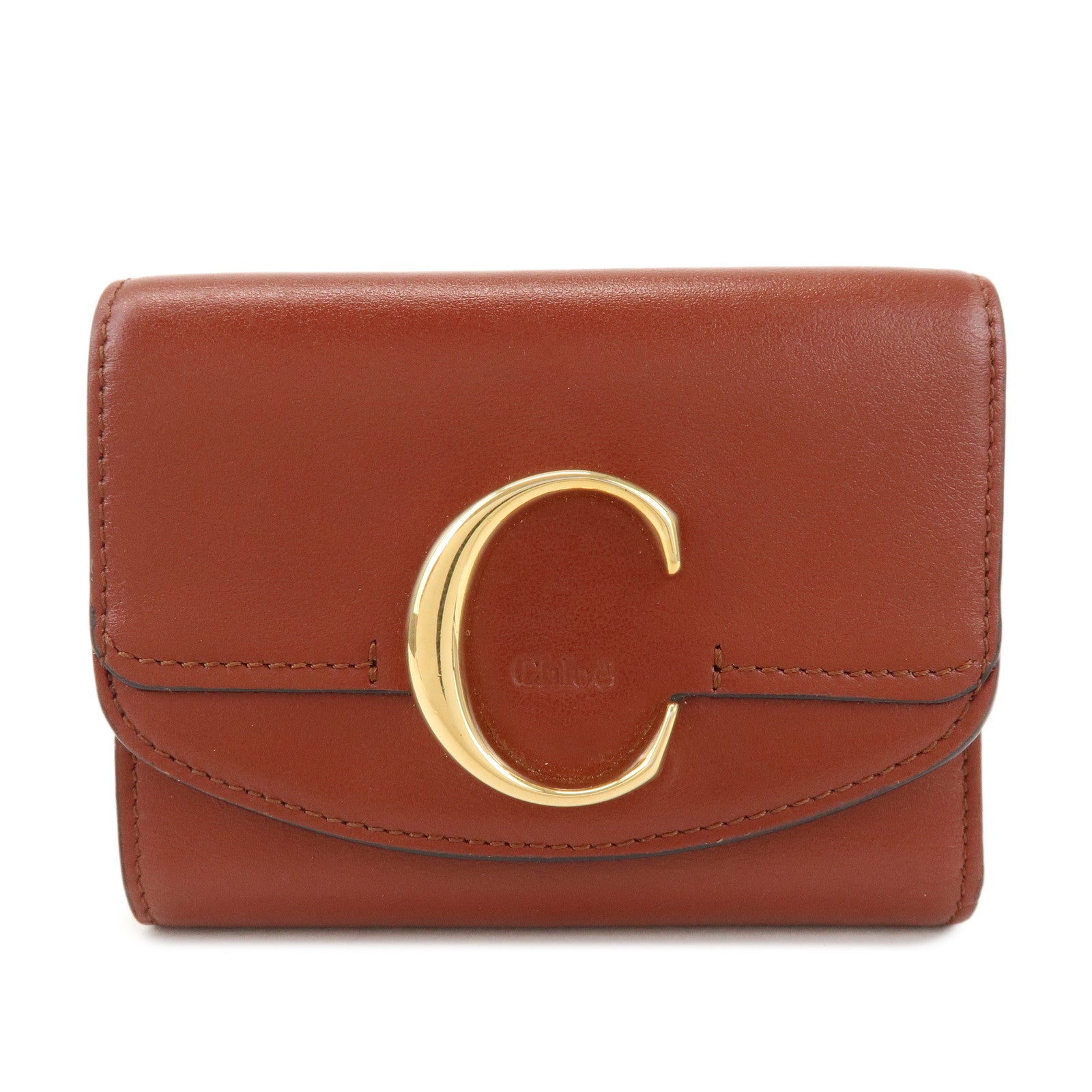 Chloe Leather Compact Bi-fold Wallet Brown Gold