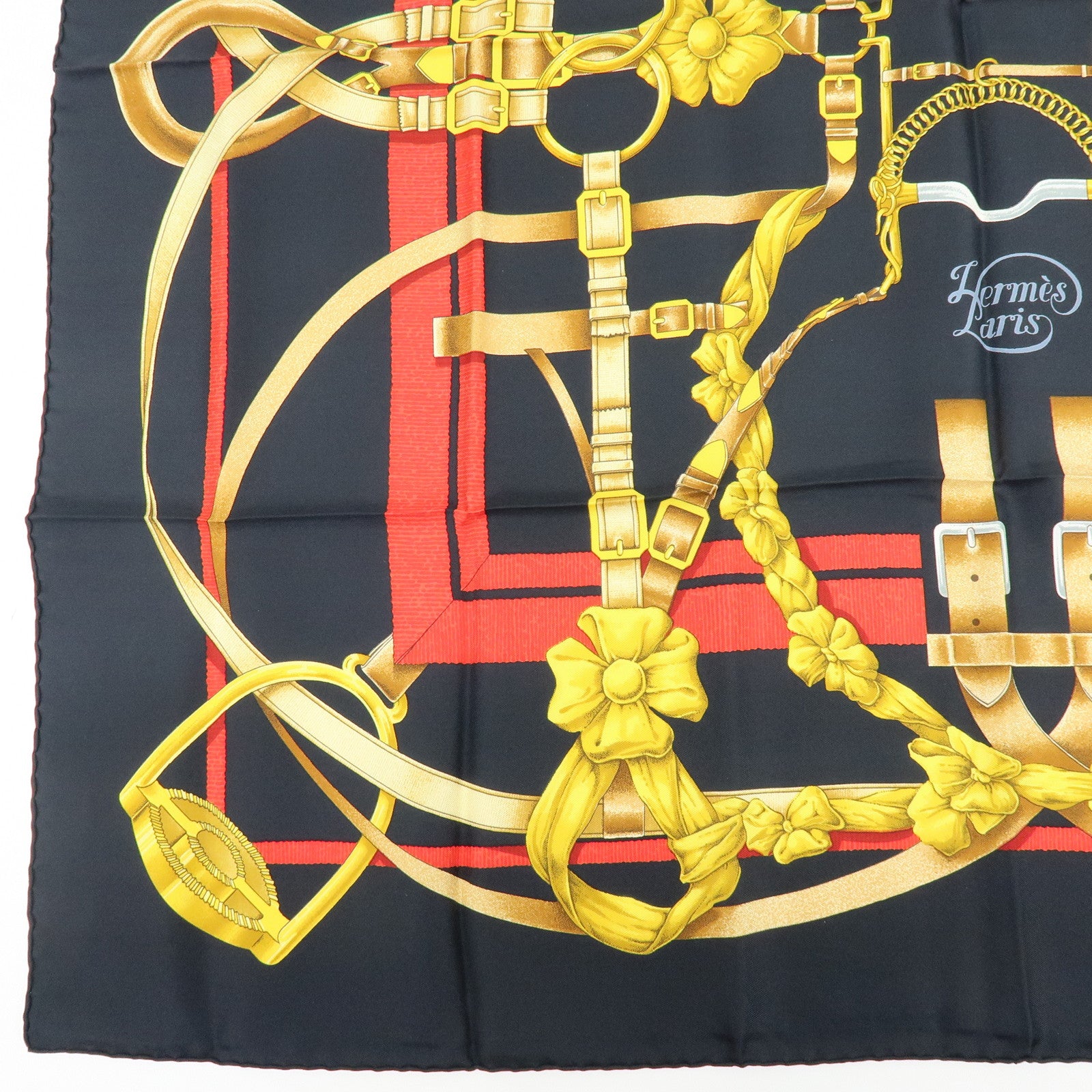 HERMES Carre 90 Silk 100% Scarf Grand Manege Black Gold Red