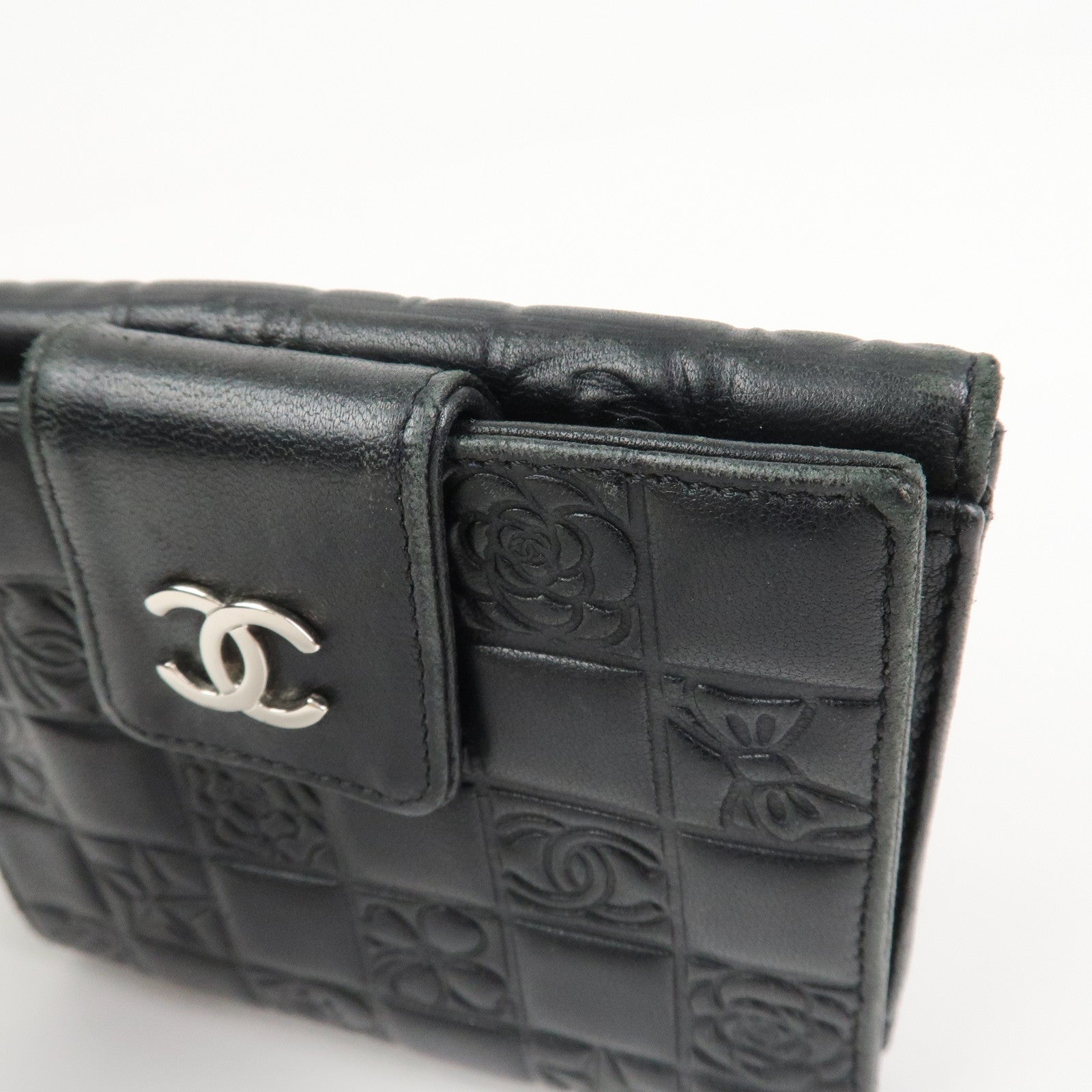 CHANEL Icon Line Lamb Skin W Flap Bi-fold Wallet Black A24212