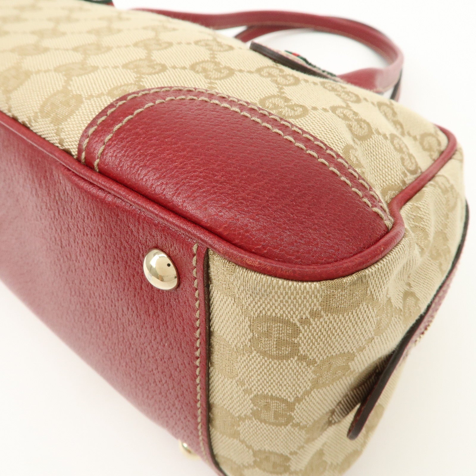 GUCCI Sherry Princy Leather GG Canvas Boston Bag Beige Red 161720