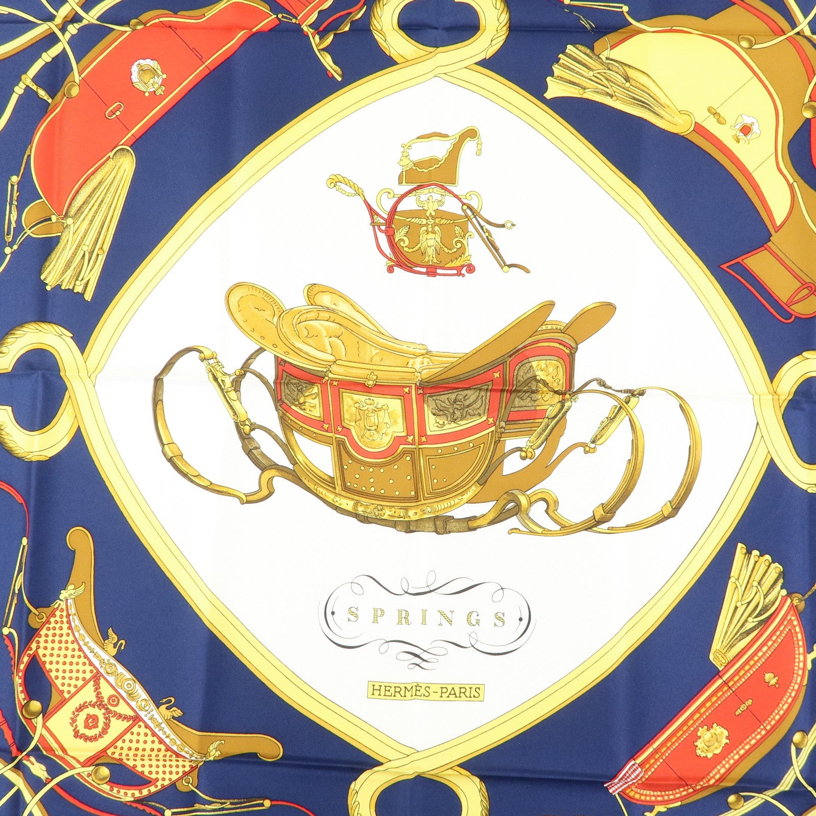 HERMES Carre 90 Silk 100% Scarf SPRINGS Navy Red Yellow White